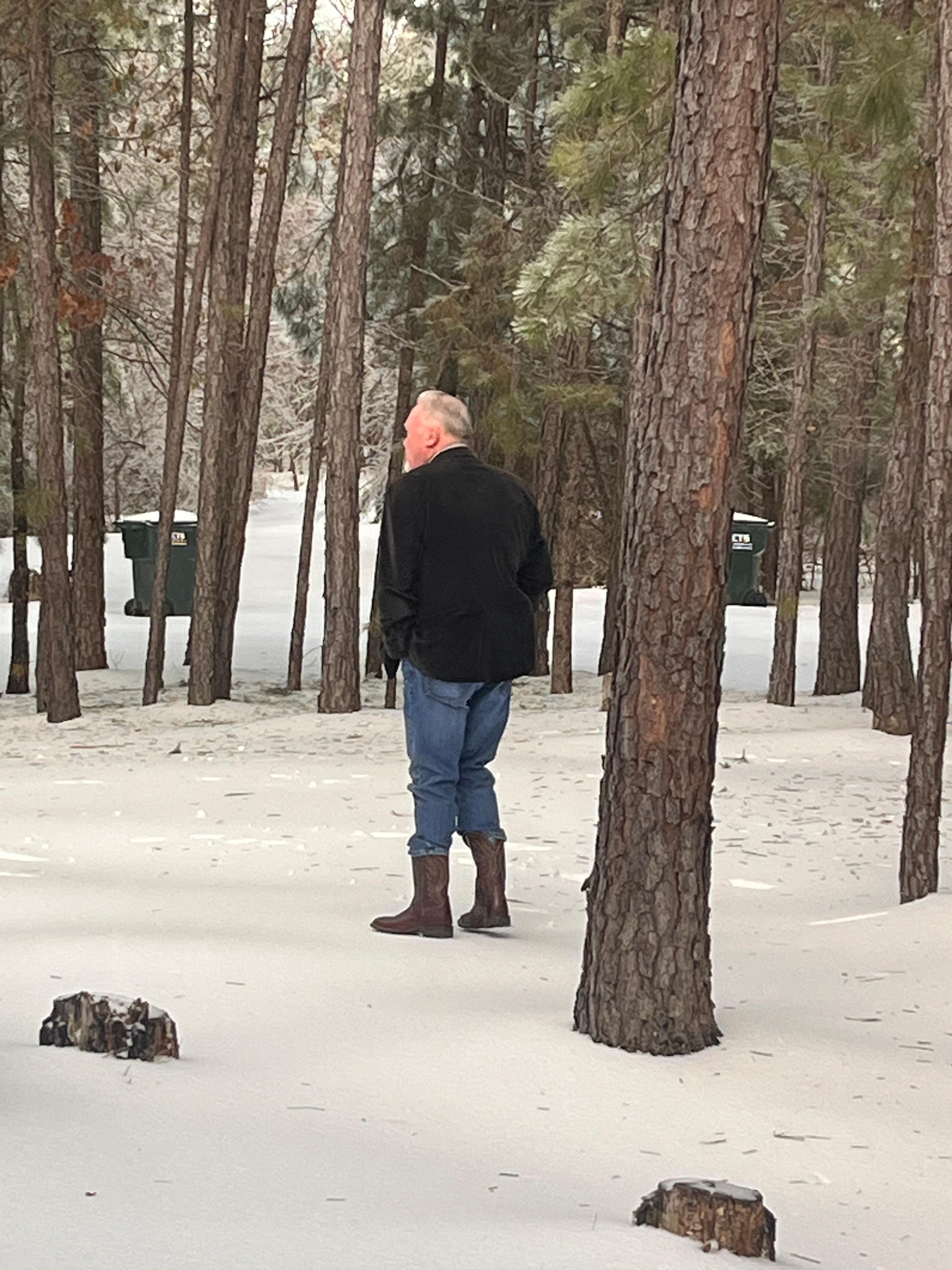 Walking through the nearby woods. 
