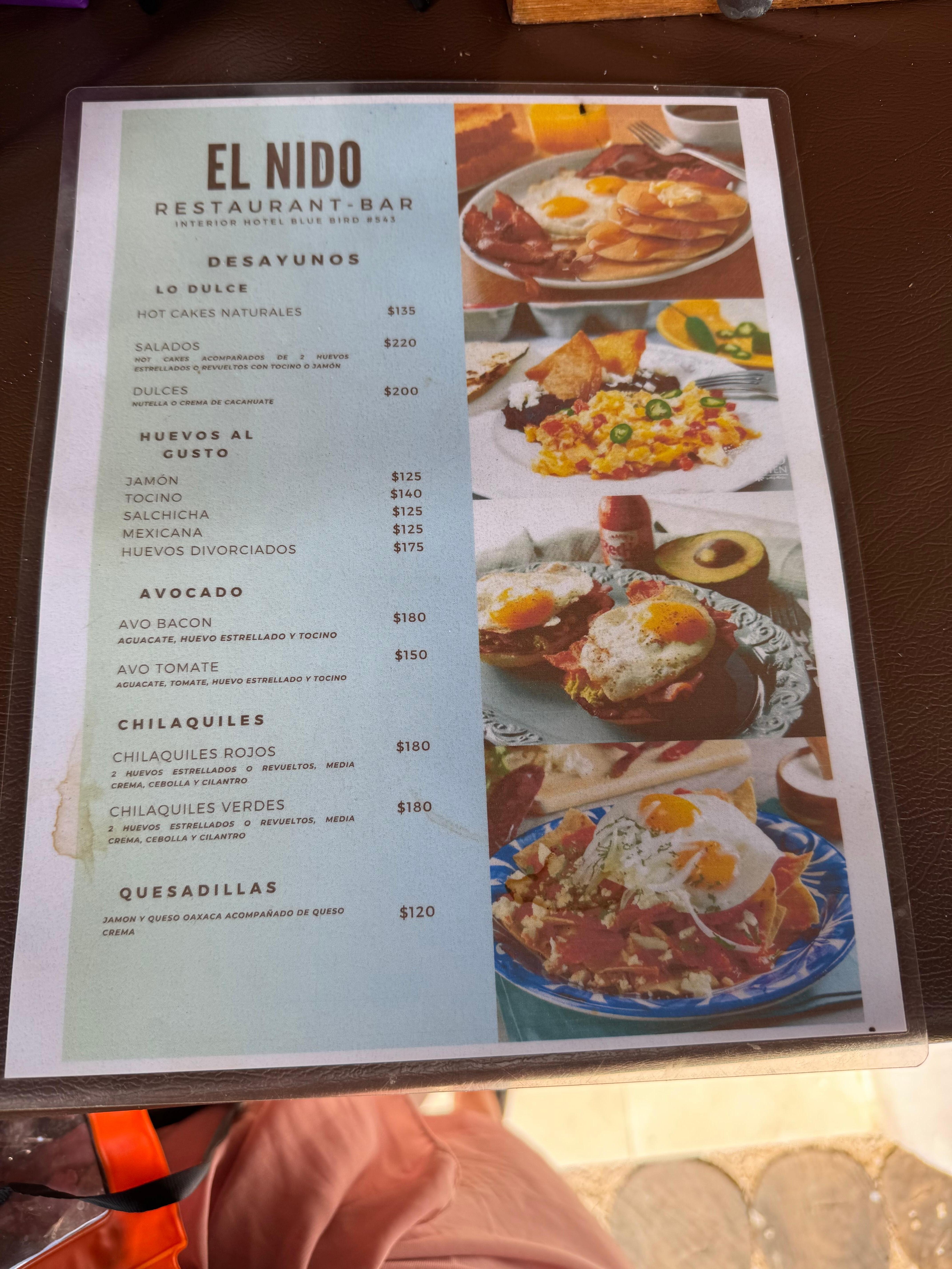 Menú de opciones extras para desayuno. 