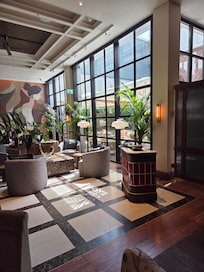 Lobby area near restaurant. Has also outdoor patio seating. Please look on website