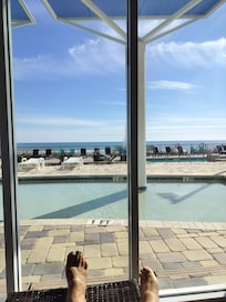 View from inside pool looking out on a cool breezy day