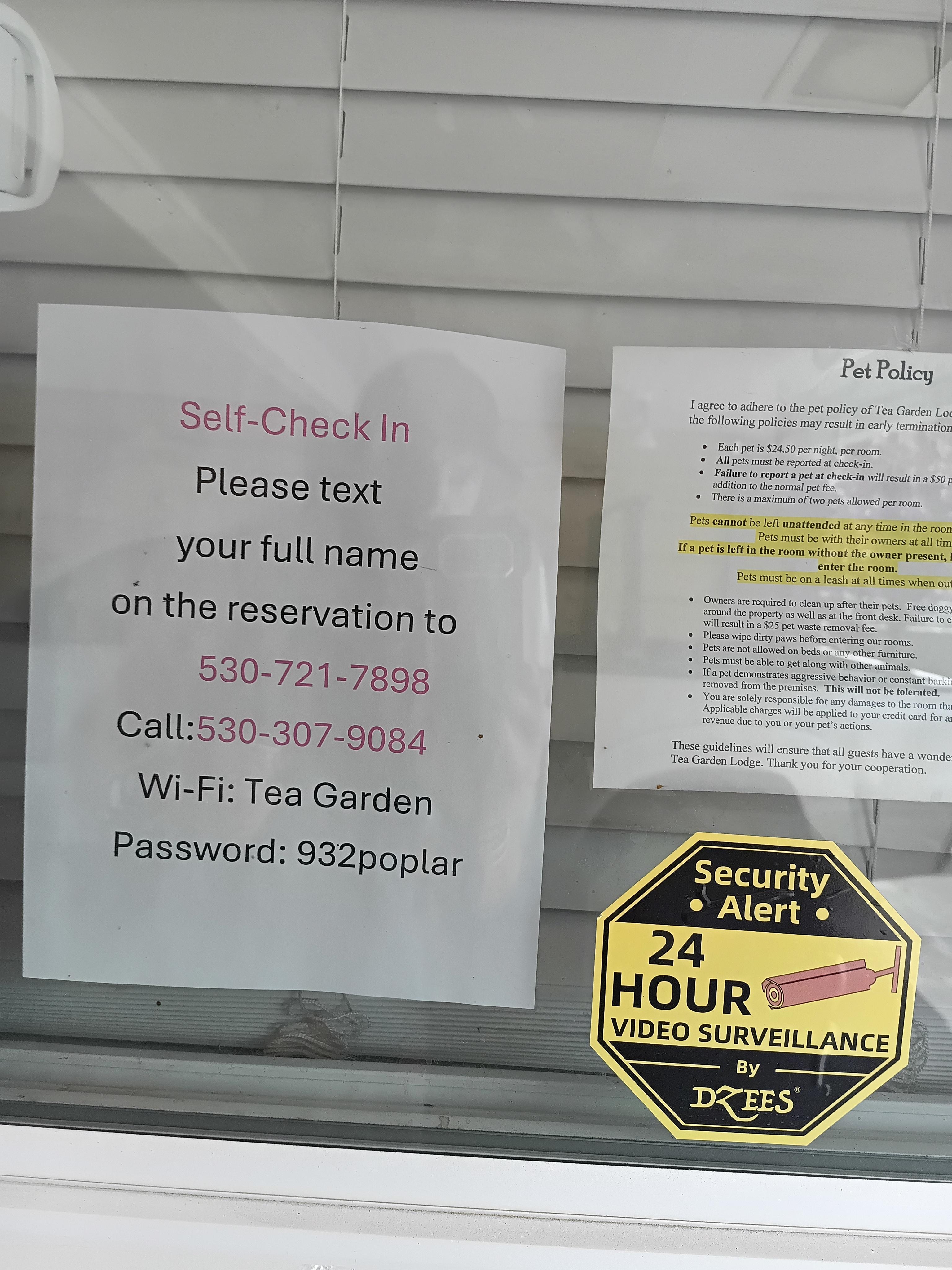 The check in procedure. Took a minute to get the text reply, which was a code to a key box by our motel room door.