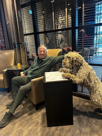 Me with the fake dog in the lobby