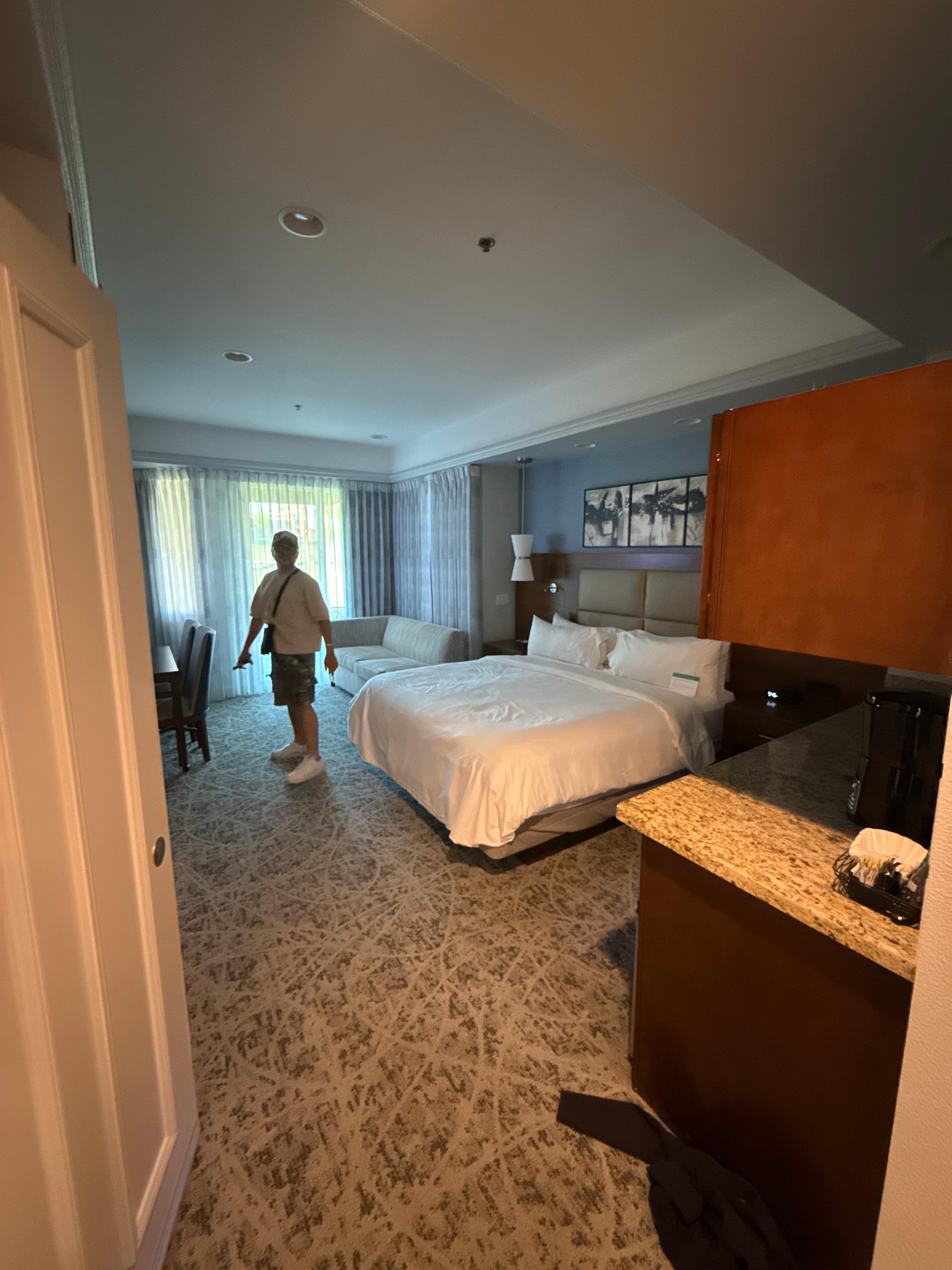 Smaller unit with king bed, sleeper sofa, mini kitchen & bathroom 