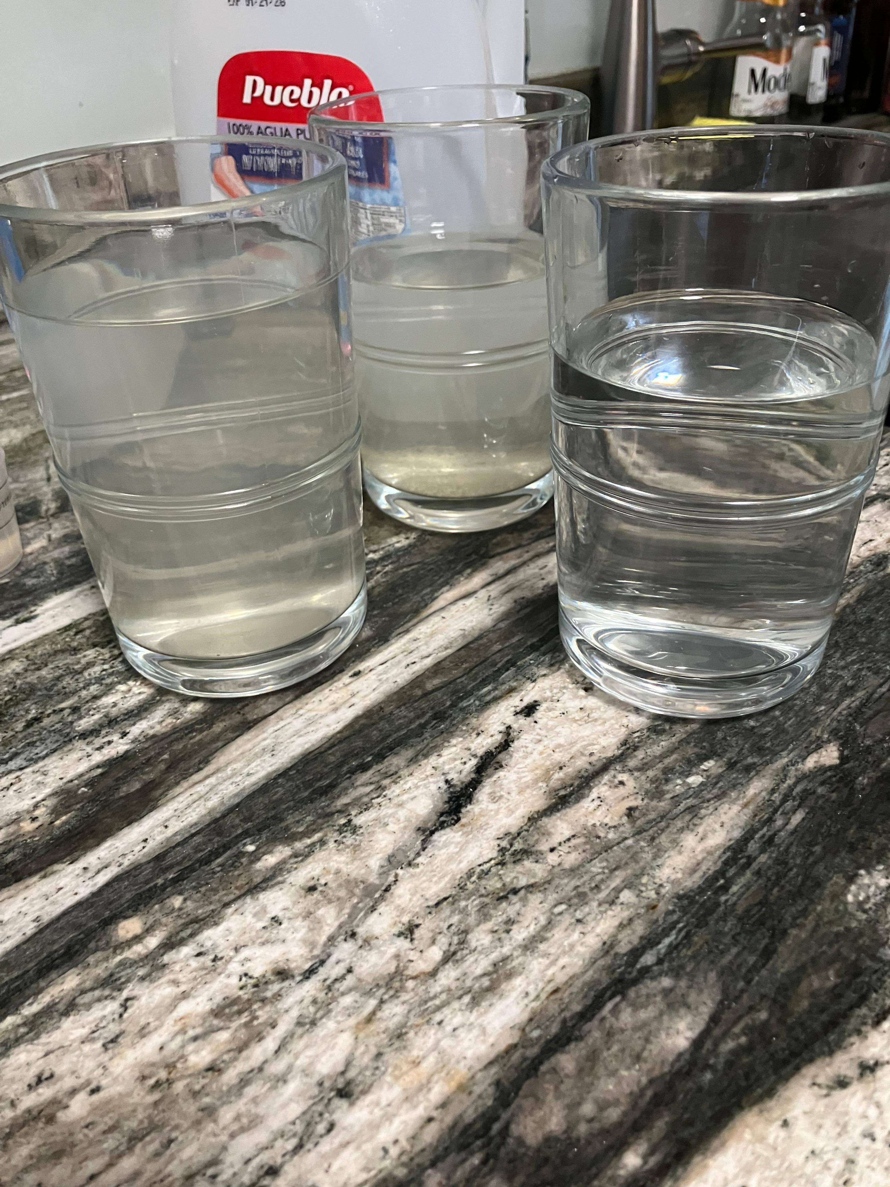 Bottled water on the right, house/faucet water on the left. 