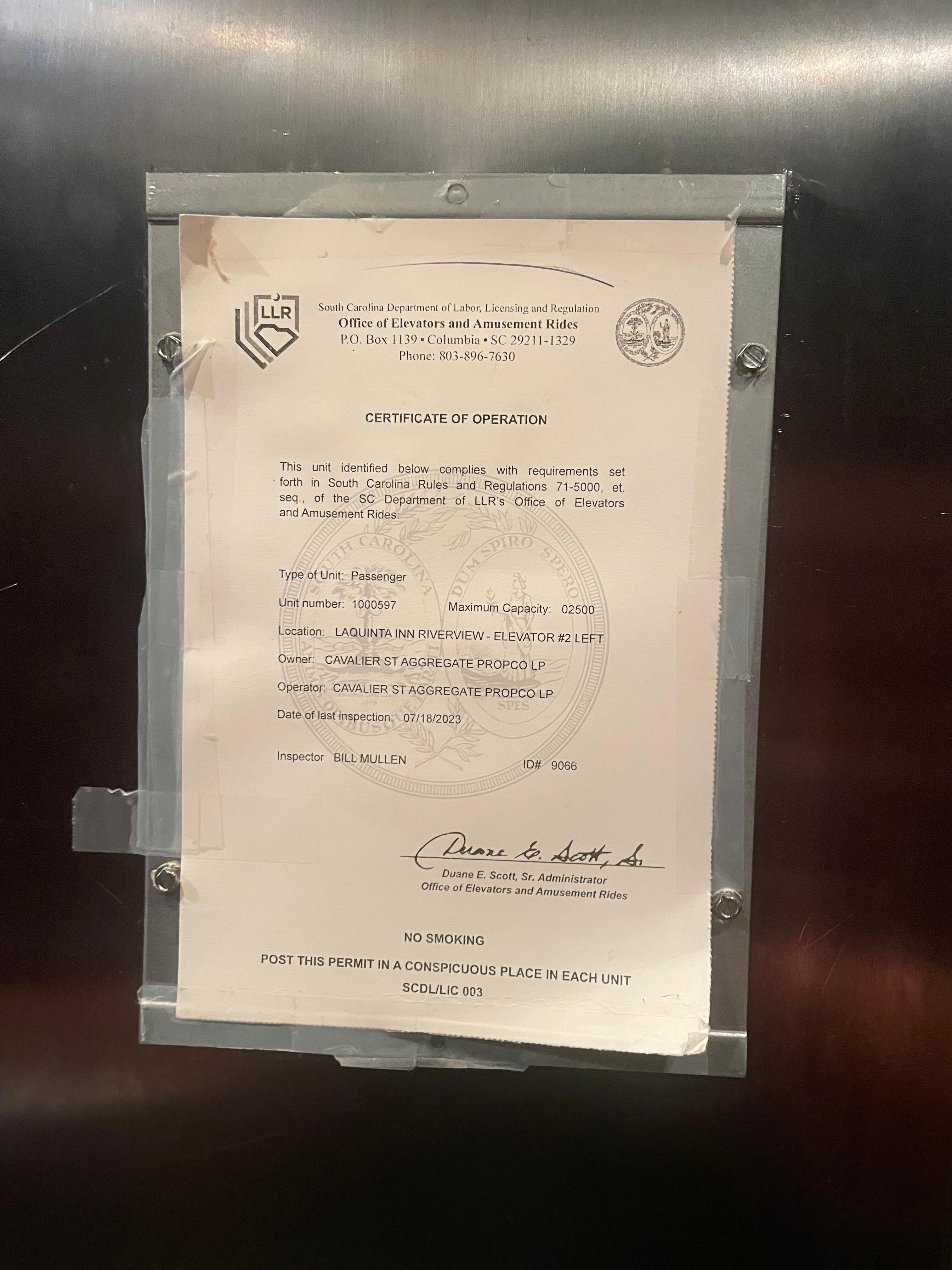 Expired elevator inspection 