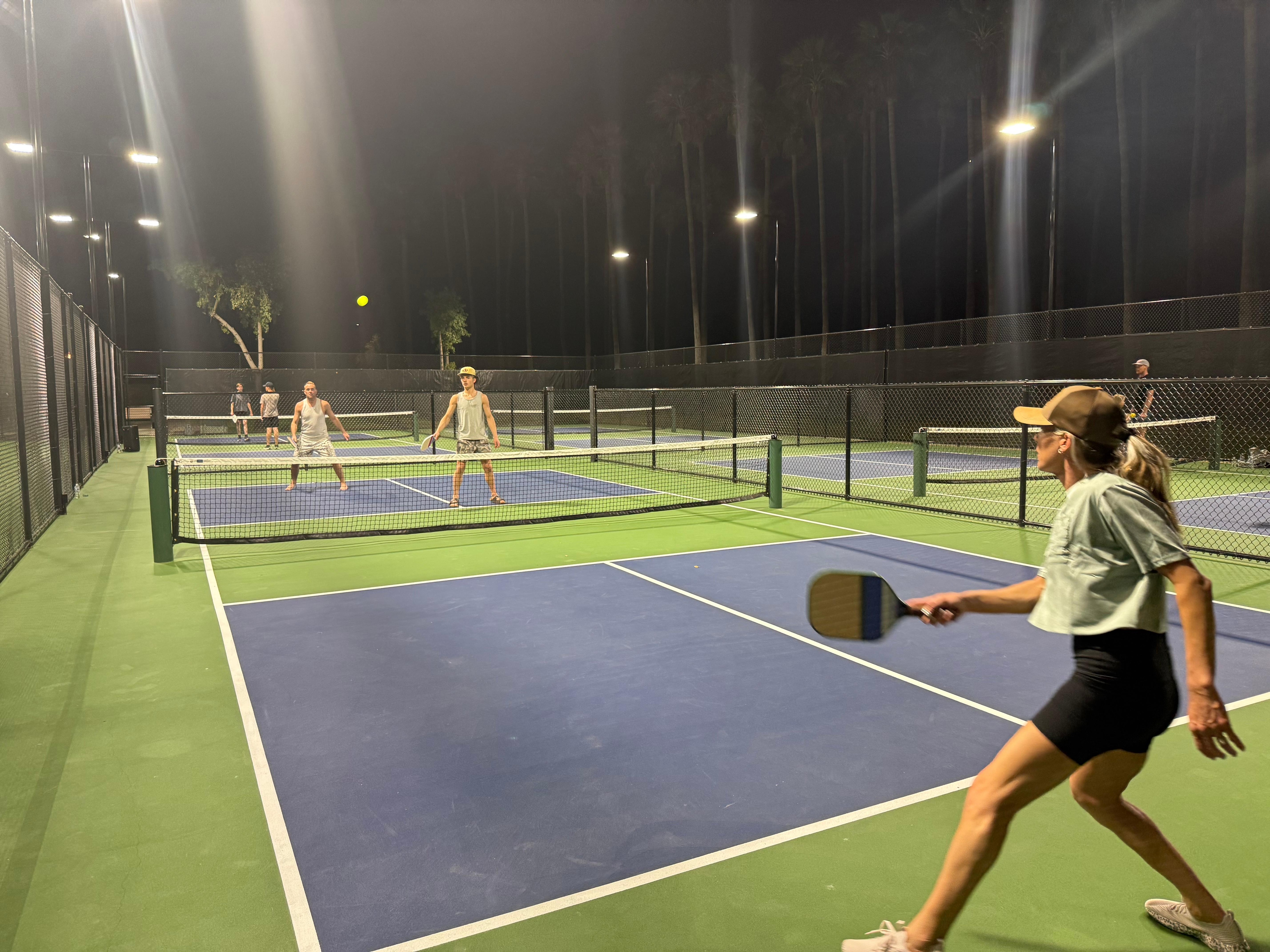 4 Pickleball courts and 1 tennis/ pickleball court down by the lake restrooms, walking paths, beach volley ball courts and covered picnic areas with grills, and huge play ground and basketball court 