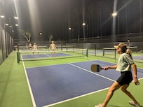 4 Pickleball courts and 1 tennis/ pickleball court down by the lake restrooms, walking paths, beach volley ball courts and covered picnic areas with grills, and huge play ground and basketball court