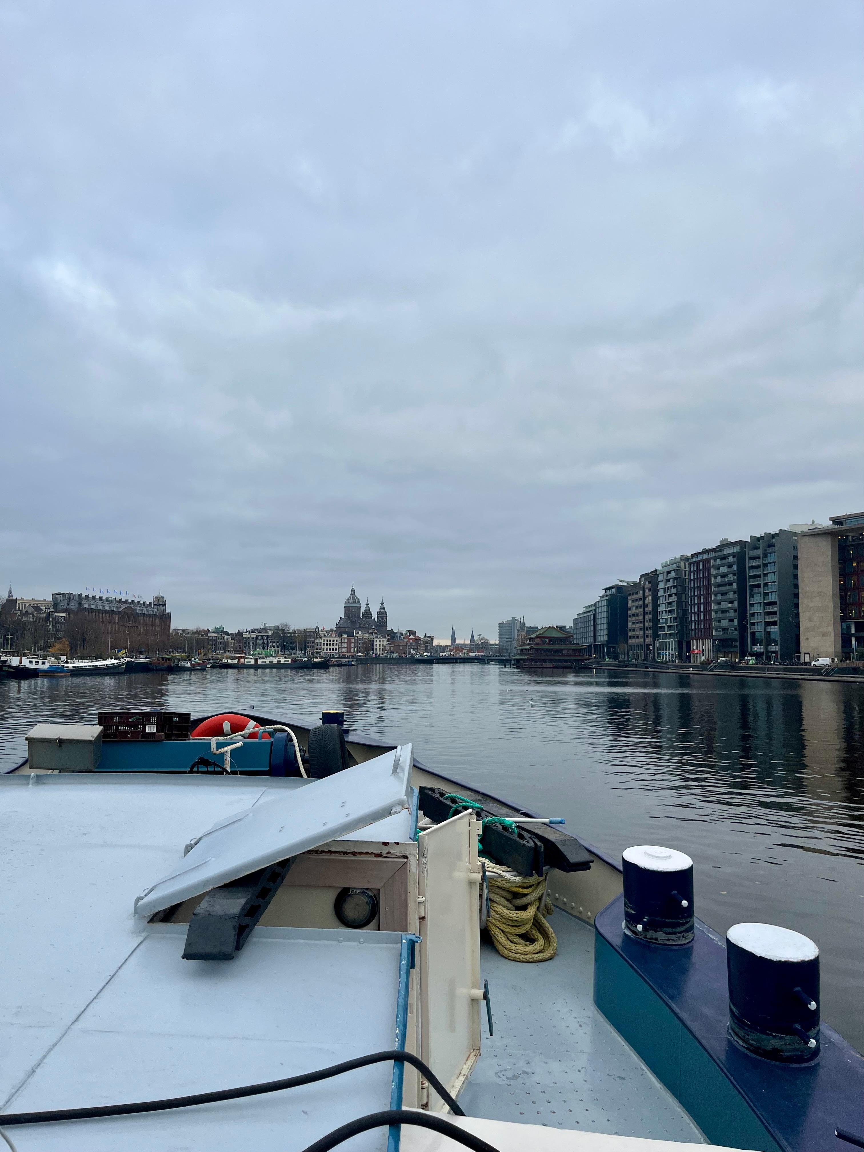 Looking off the bow into the city. 