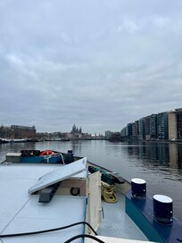 Looking off the bow into the city.
