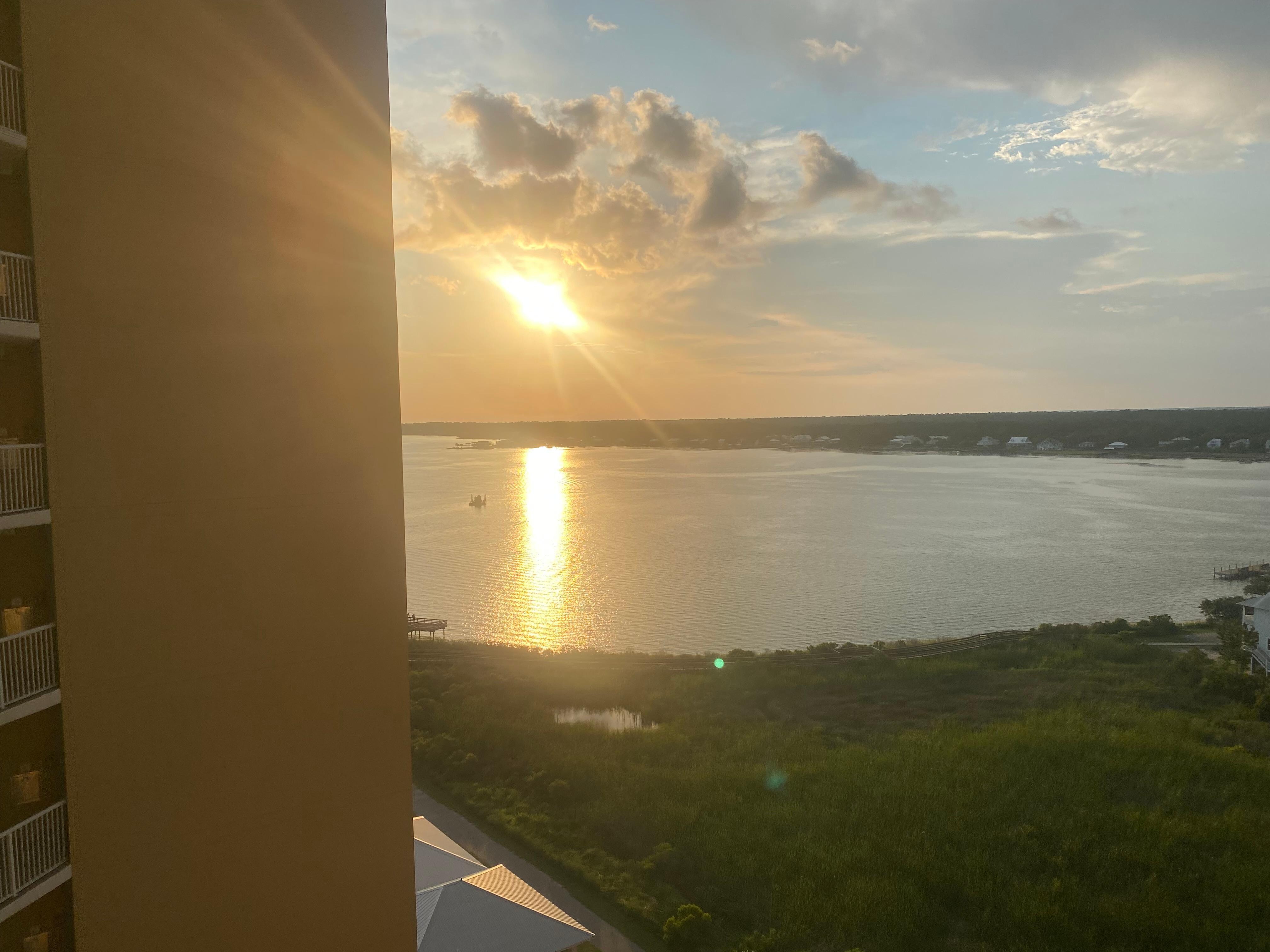 Sunset view from front door of condo