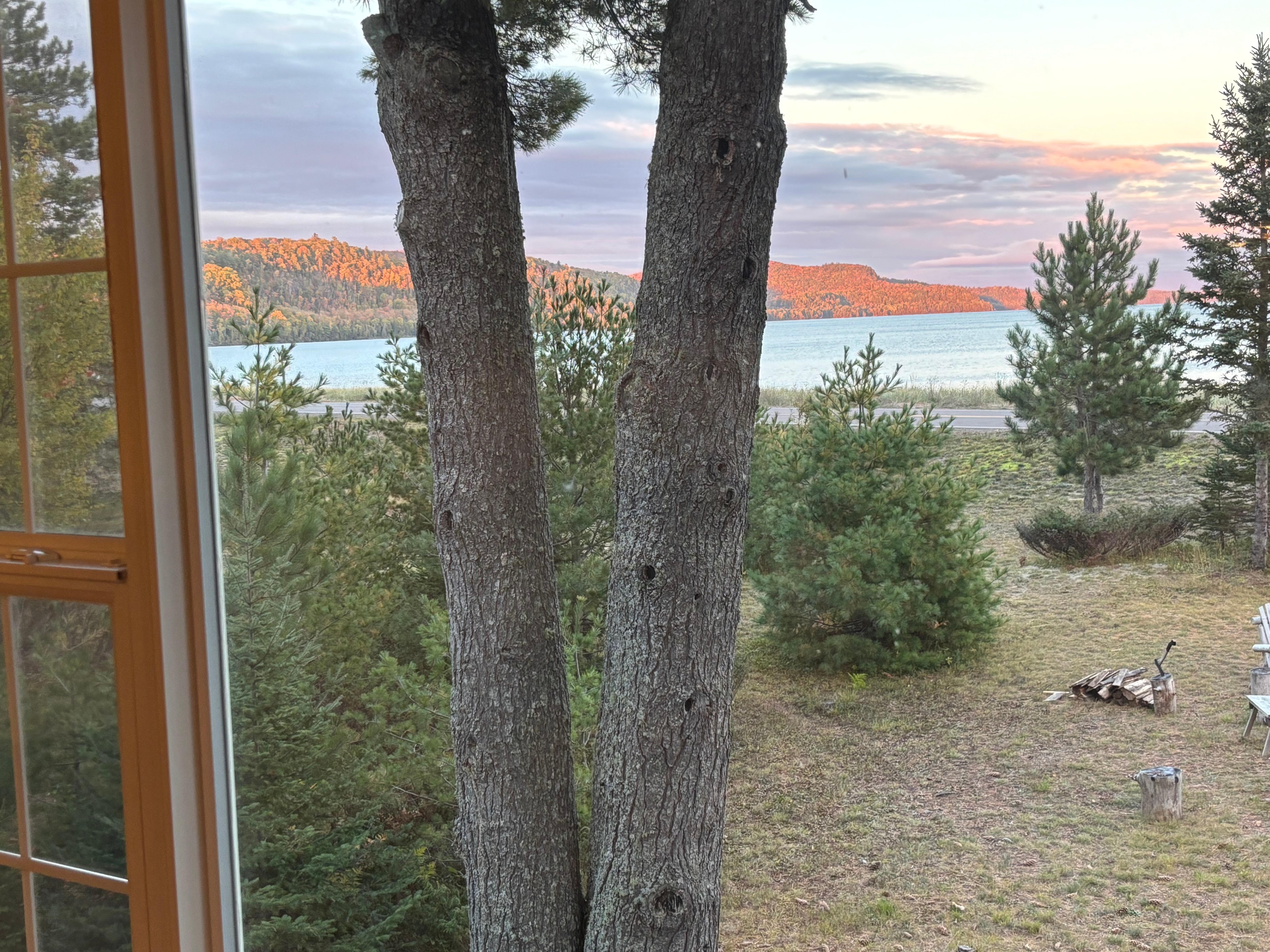 This is the view from the lounger on the front deck, looking all over the yard and lake❤️