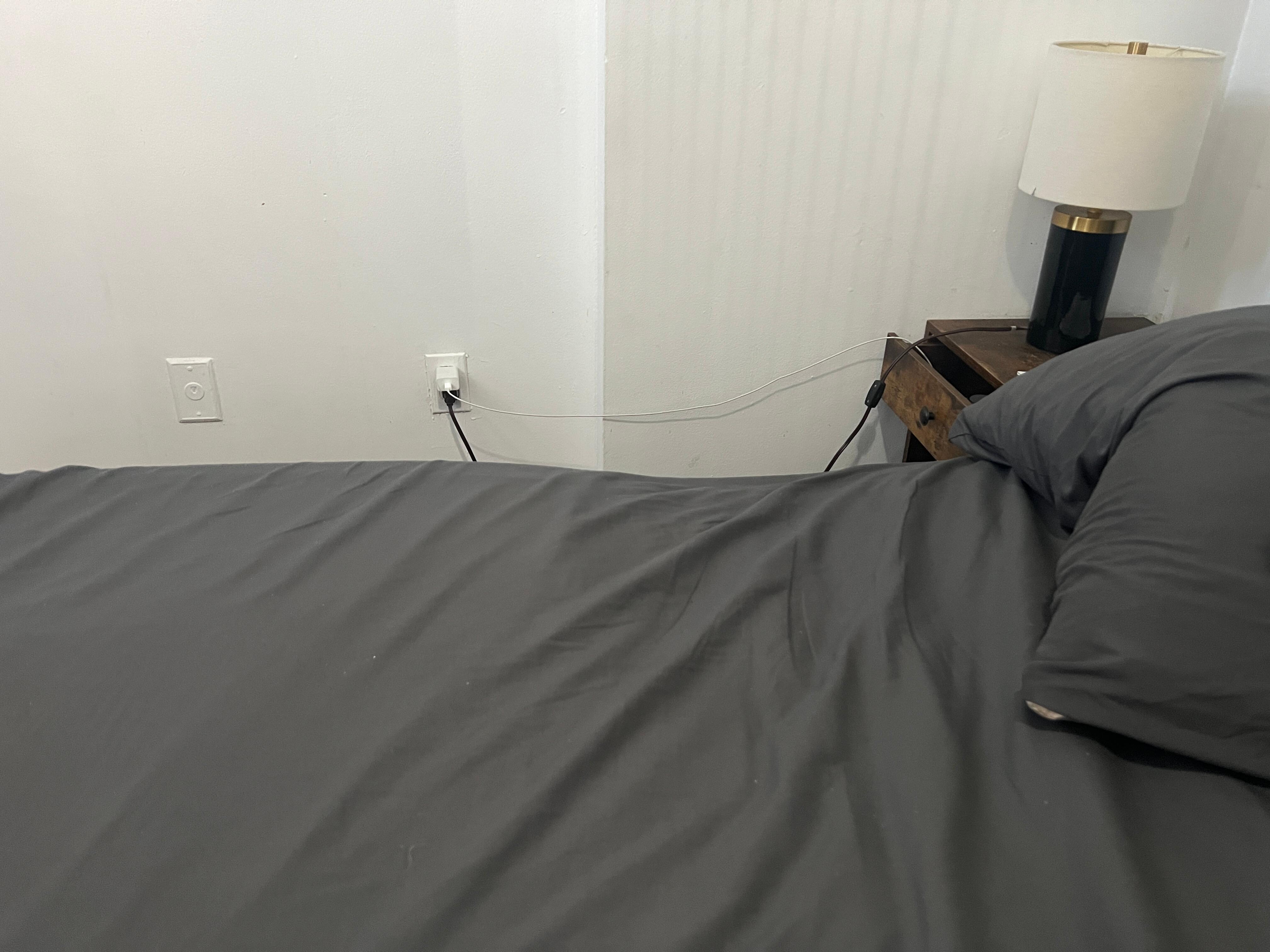 This is the mattress that sagged and couldn't be fixed.
The electrical outlet on the wall was missing a screw and unusable until we repaired it.