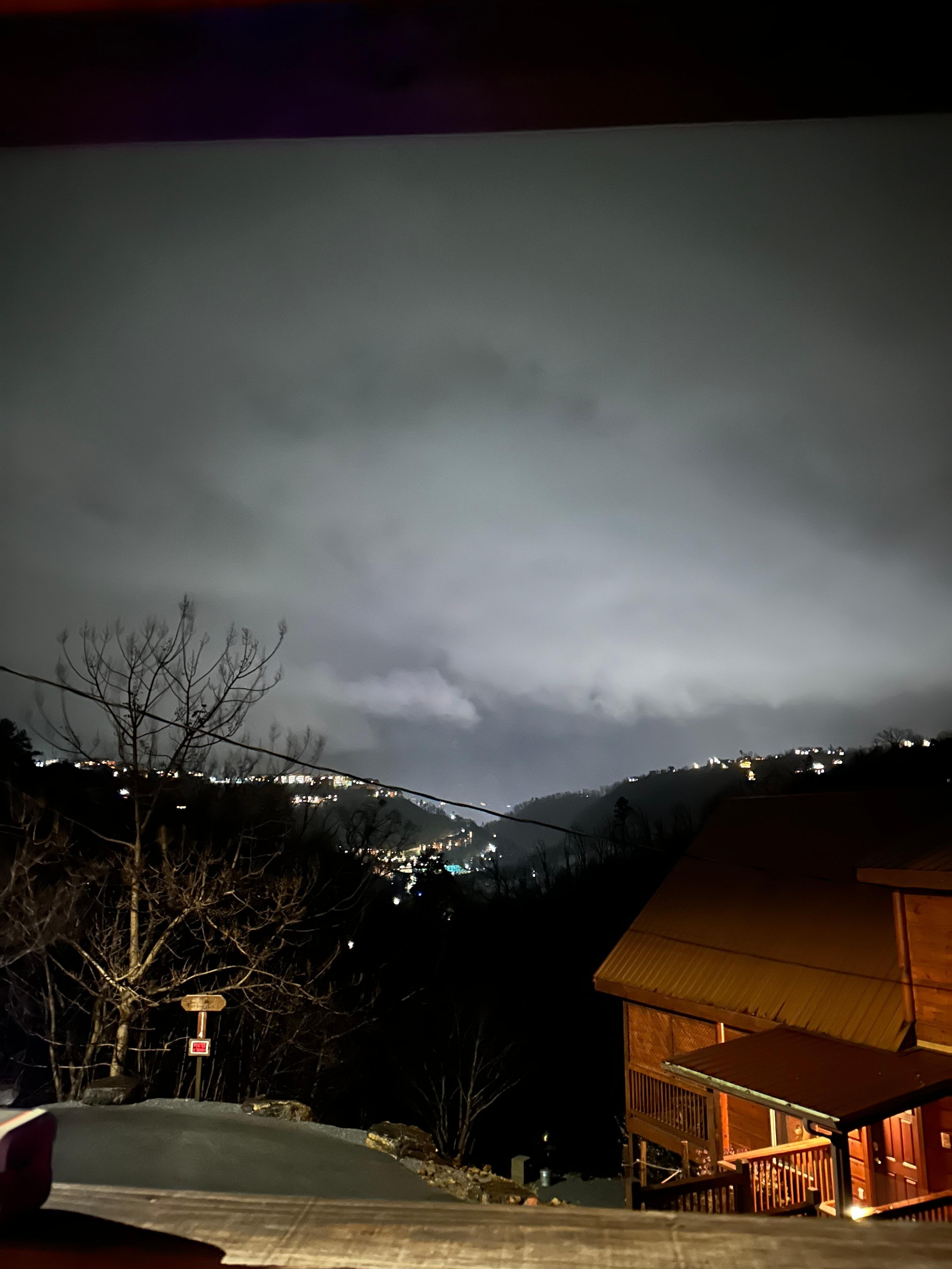 View from the hot tub on a rainy/foggy night.