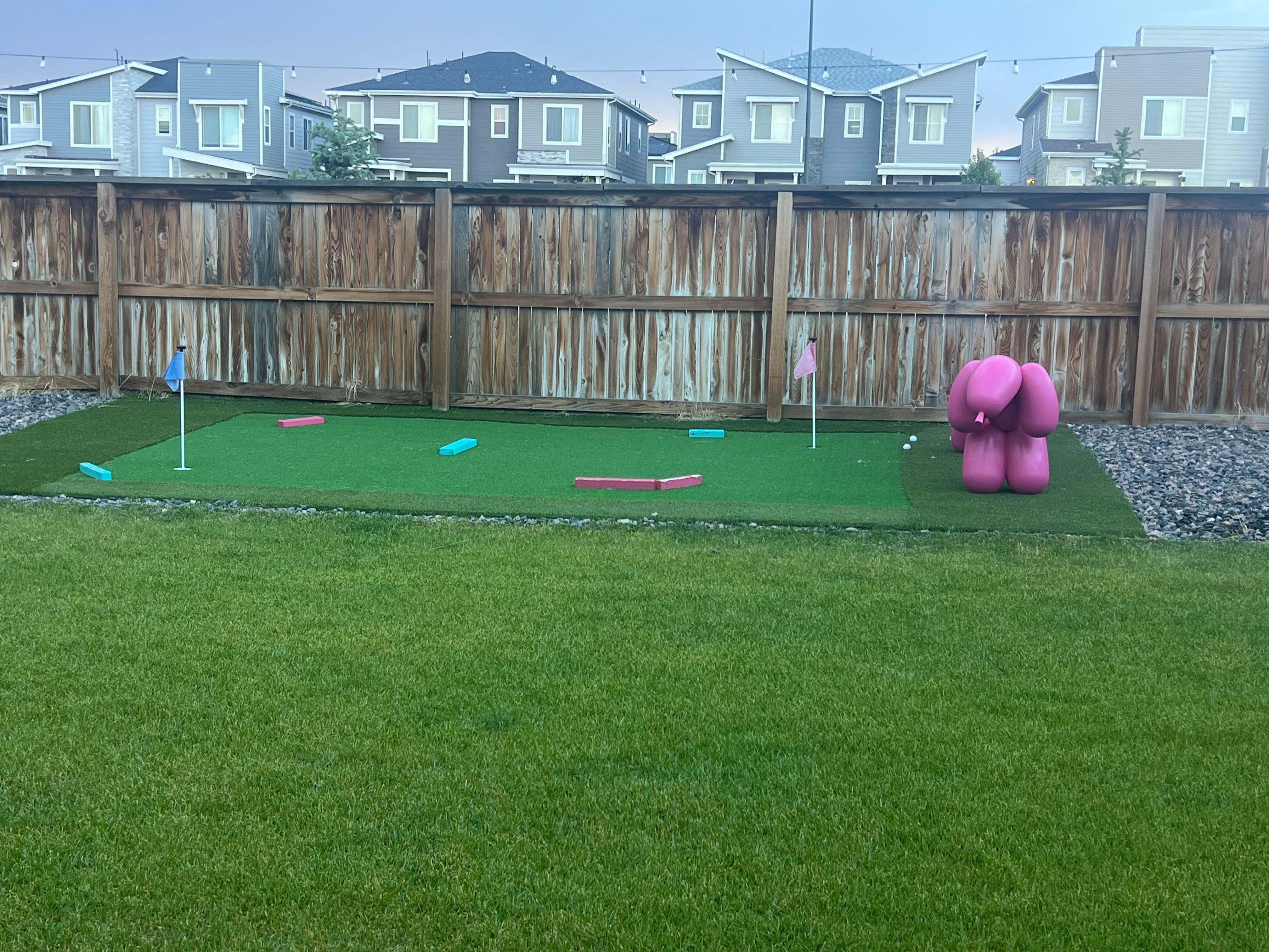 There is a putting green in the backyard.
