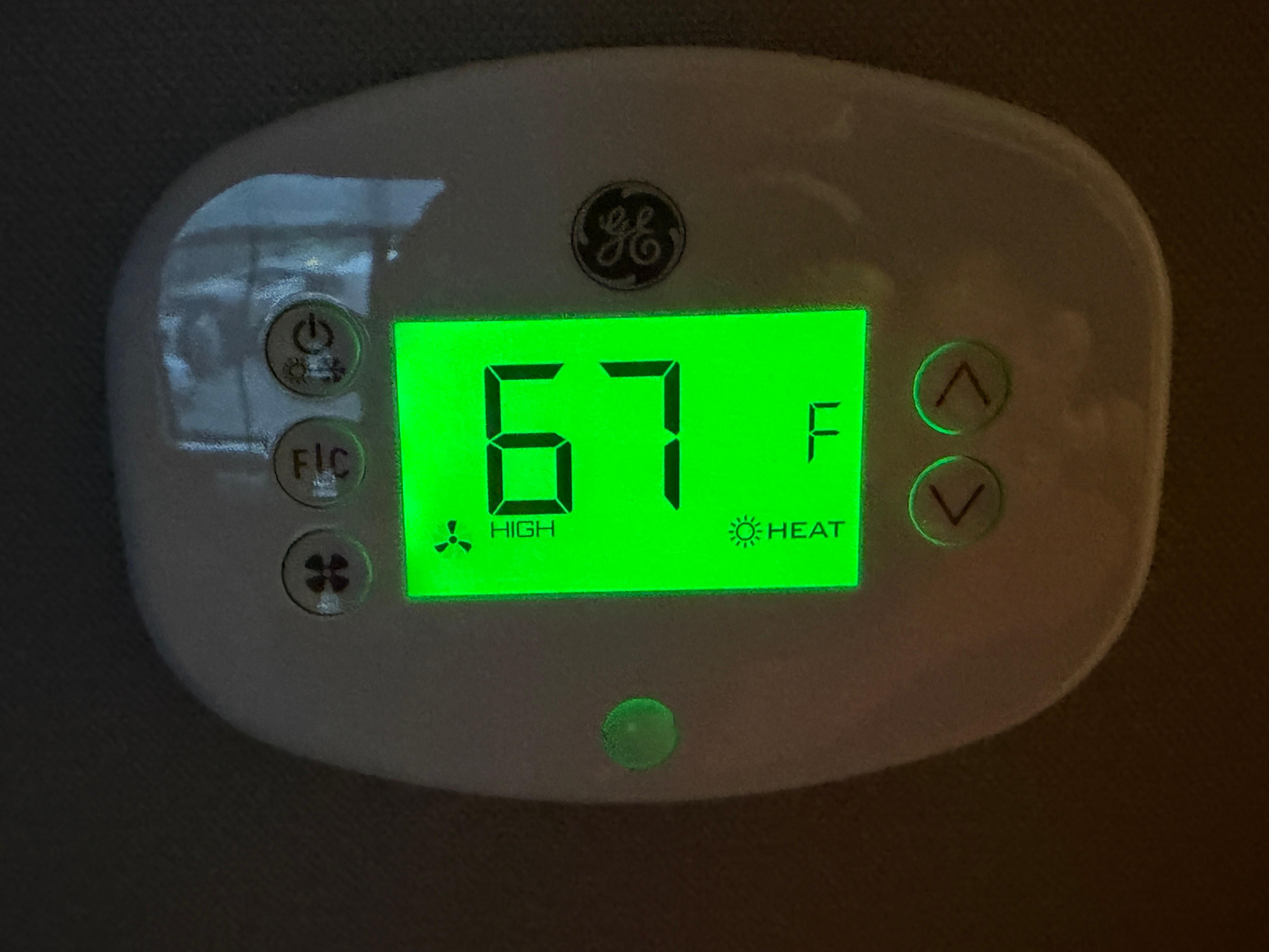 Awoke at 4:40AM to a room temp of 67 degrees. 
