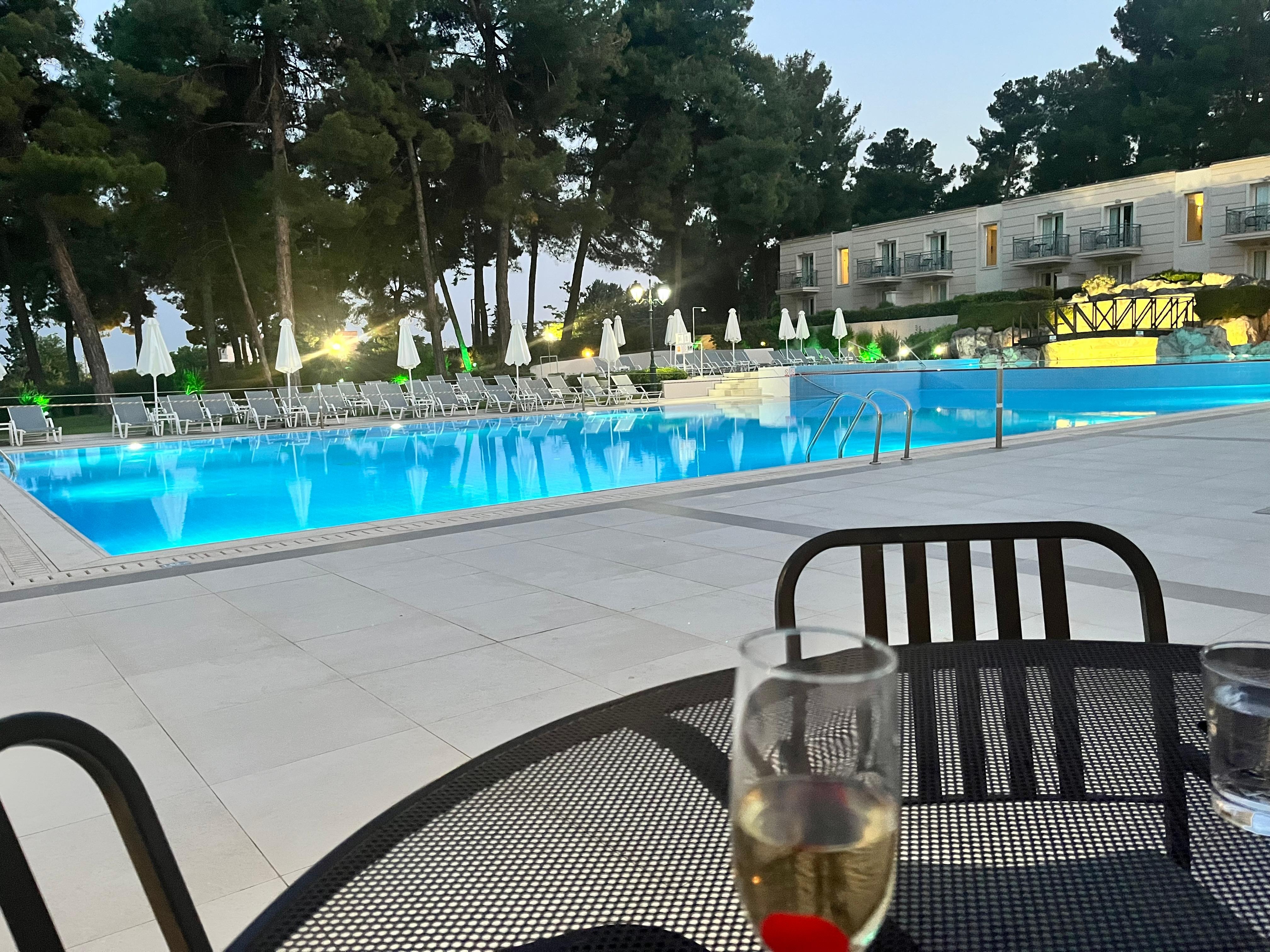Outdoor pool. Very large. Good for actually swimming laps