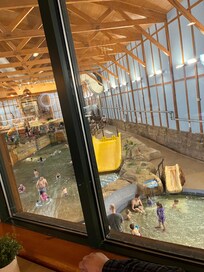 View of the water park from the resort cafe. See the closed signs for the yellow slide. The smaller children’s slides on the other section of the park were also blocked off with caution tape and signs.