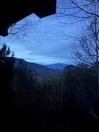 A late evening shot from the front porch of the cabin.