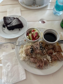 Tuna with white rice/pickled cucumber and radishes. Dipping sauce for tuna. Chocolate mousse pie