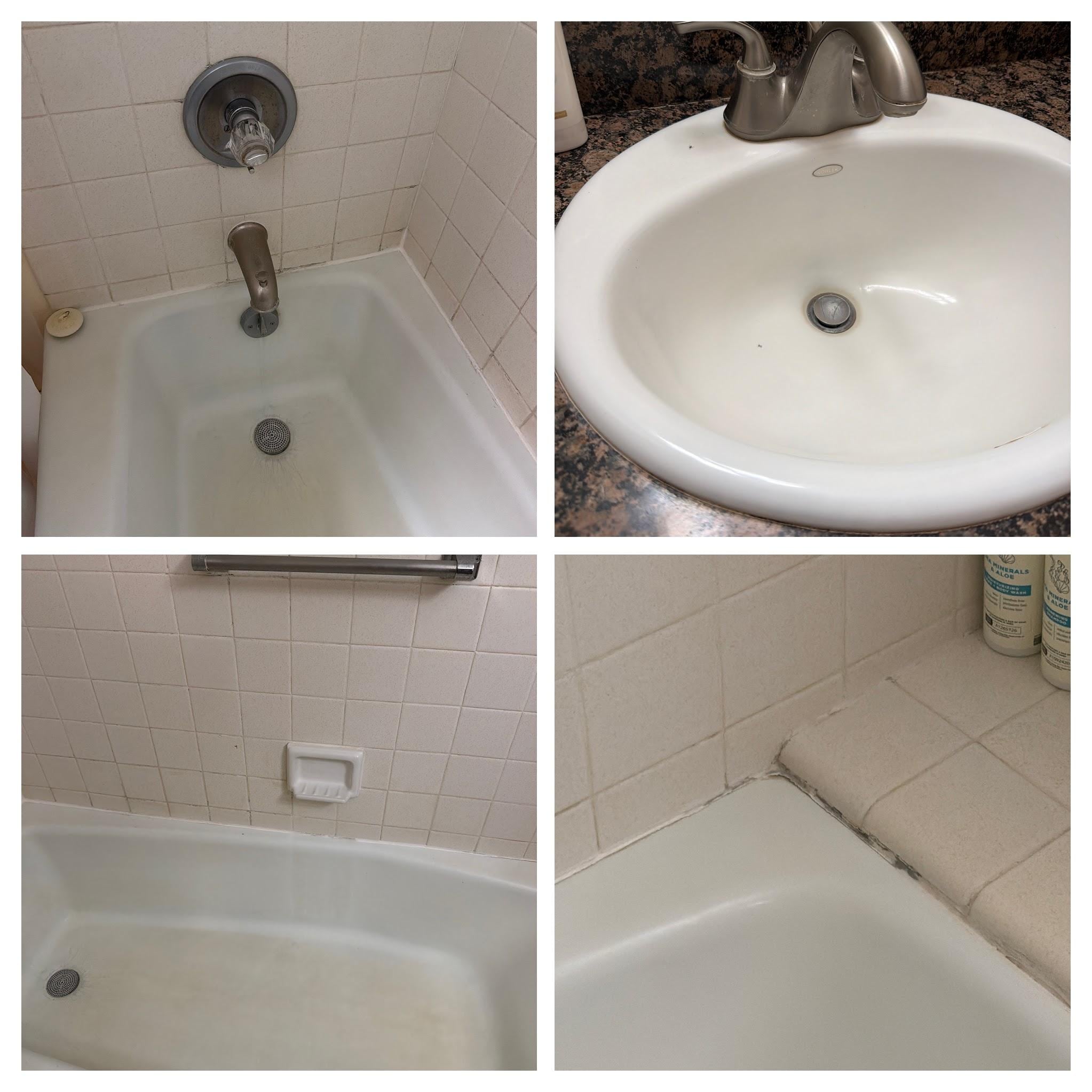 Bathroom Overview - 
Dated tub and fixtures, stained sink, and worn tile surround with mold and mildew visible in the grout.