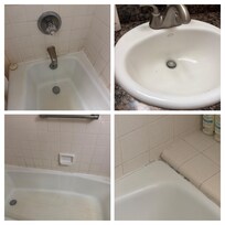 Bathroom Overview -
Dated tub and fixtures, stained sink, and worn tile surround with mold and mildew visible in the grout.