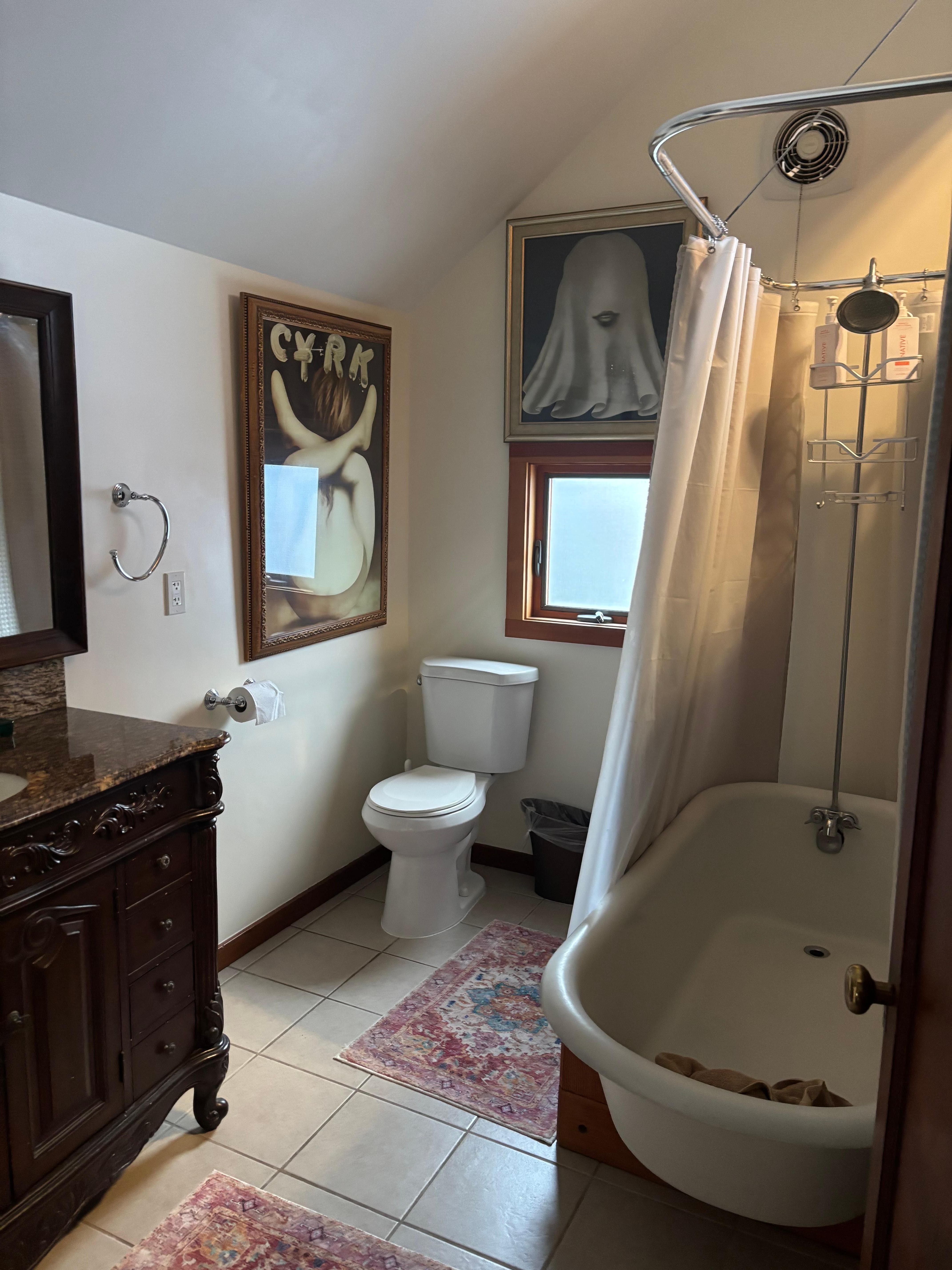 Artwork and bath area.