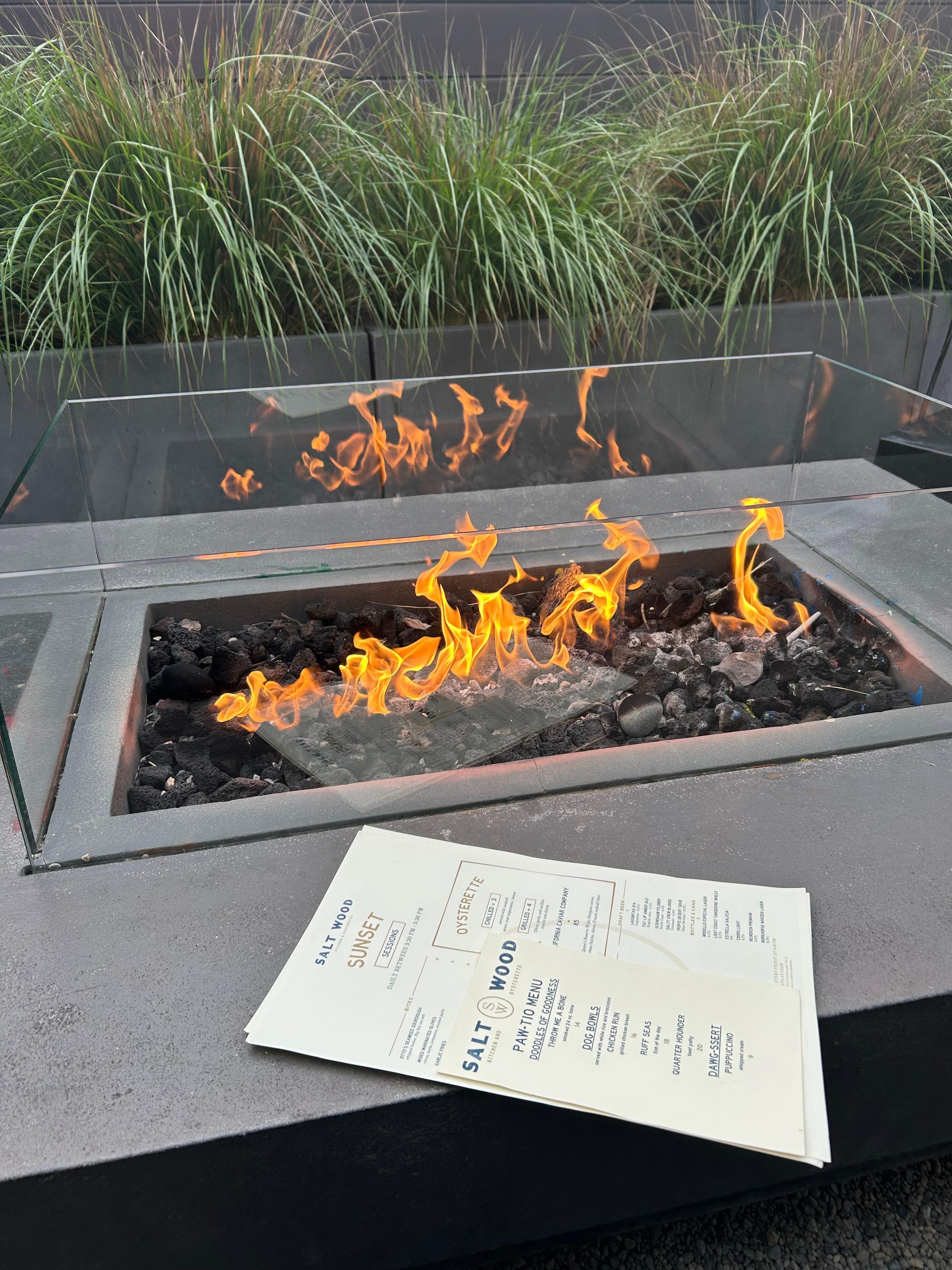 Ate outside with our furry friend and the fire pit seating was warm and comfy