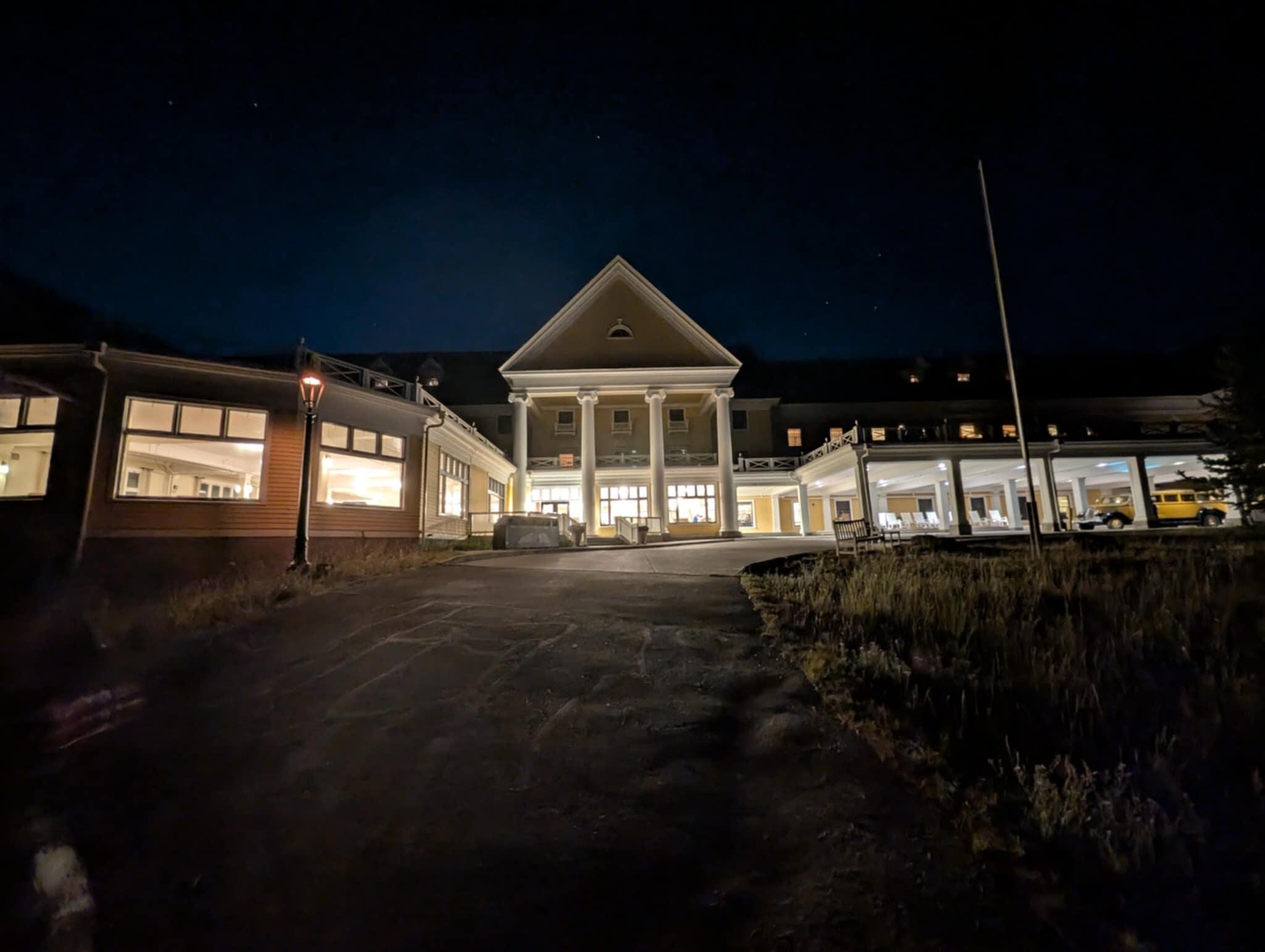 Night time view of Lake Yellowstone Hotel and Cabins.