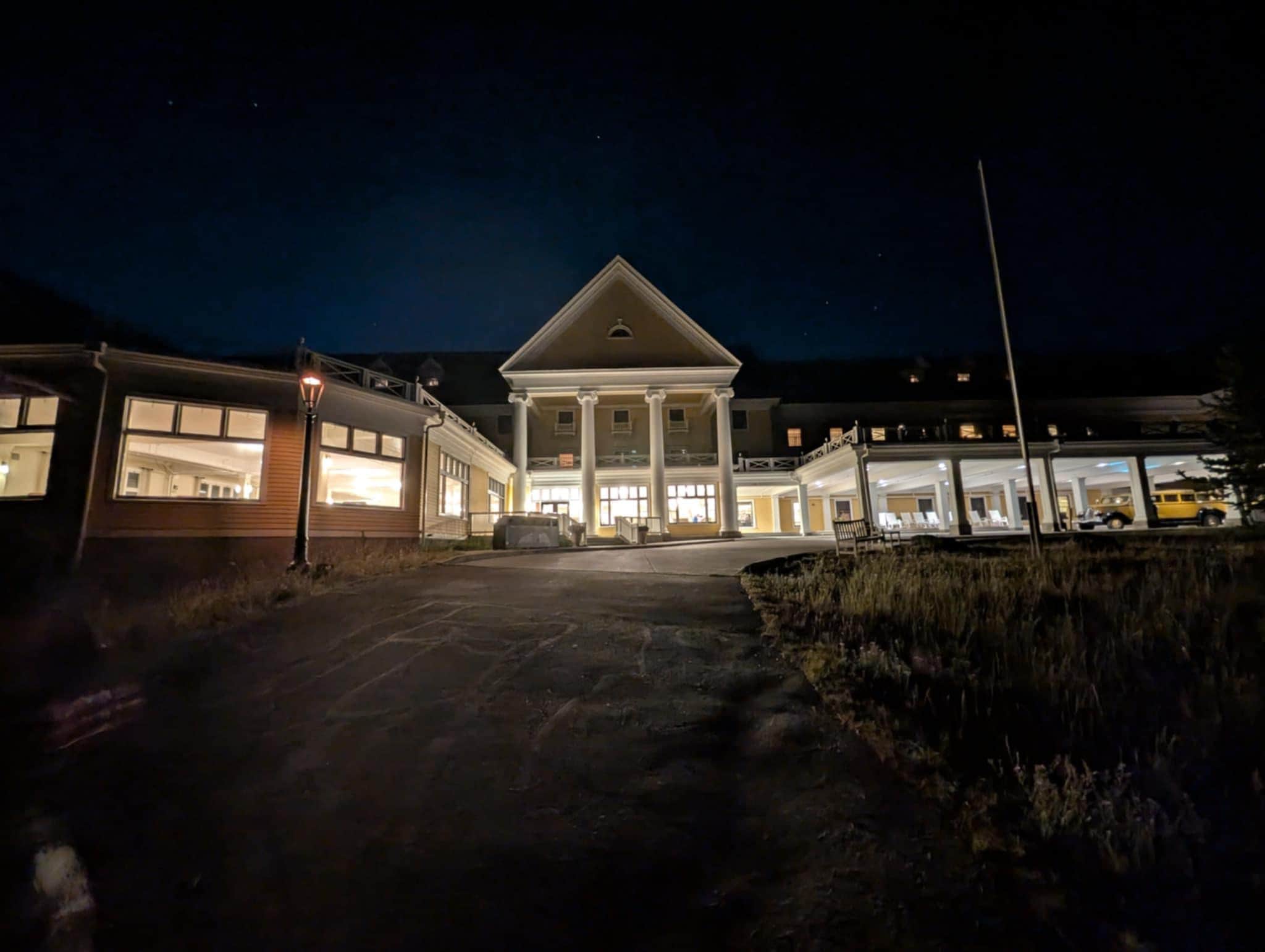 Night time view of Lake Yellowstone Hotel and Cabins.