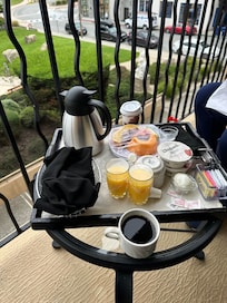 Breakfast brought to our room. We enjoyed it on our balcony, with a view of the ocean