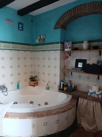 Bathroom with with a corner jacuzzi and shower