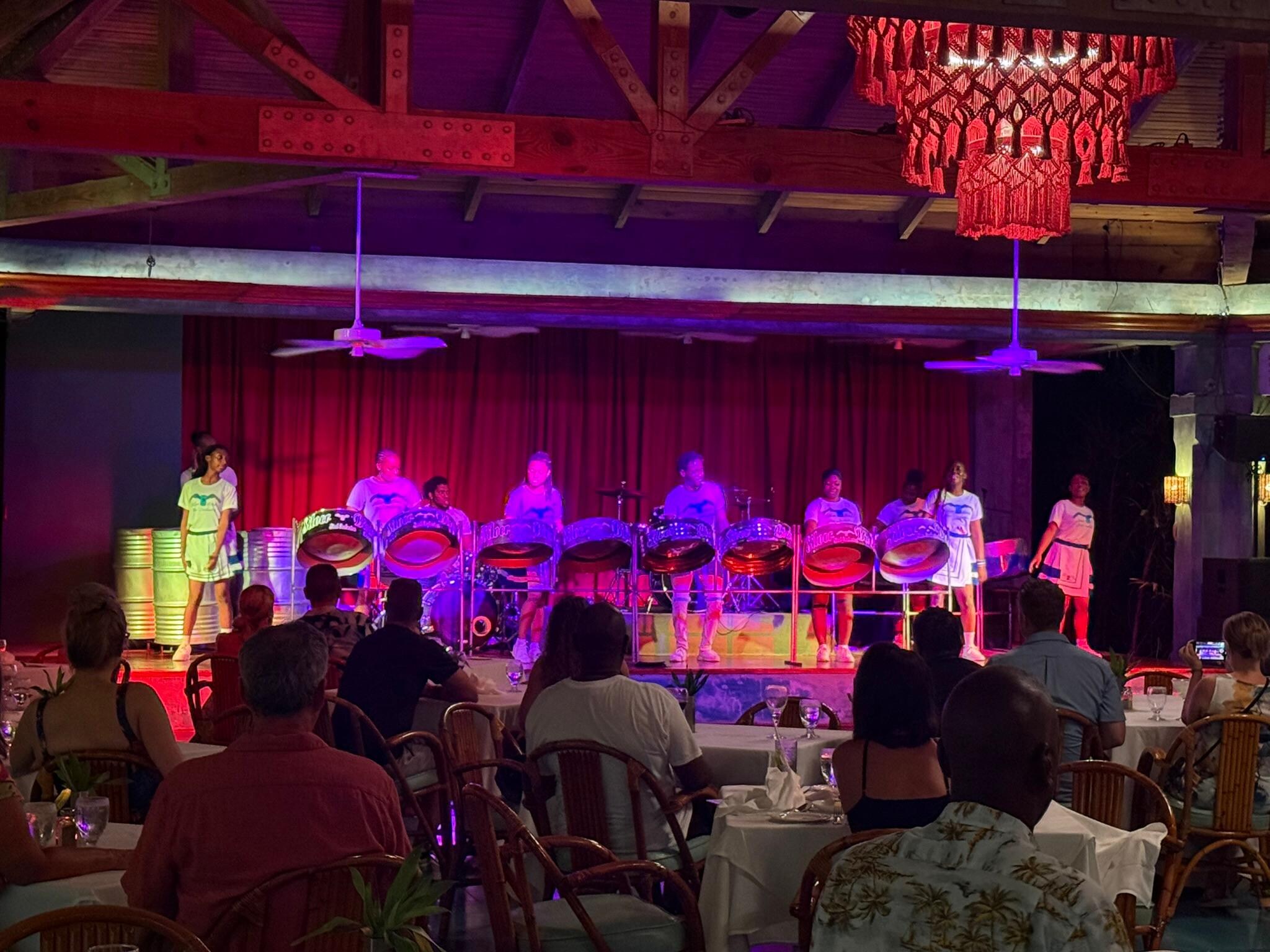 a Steel Drum Band playing a high energy show in the main dining room.