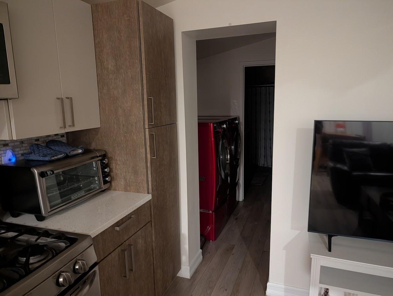 Laundry is just past the kitchen.