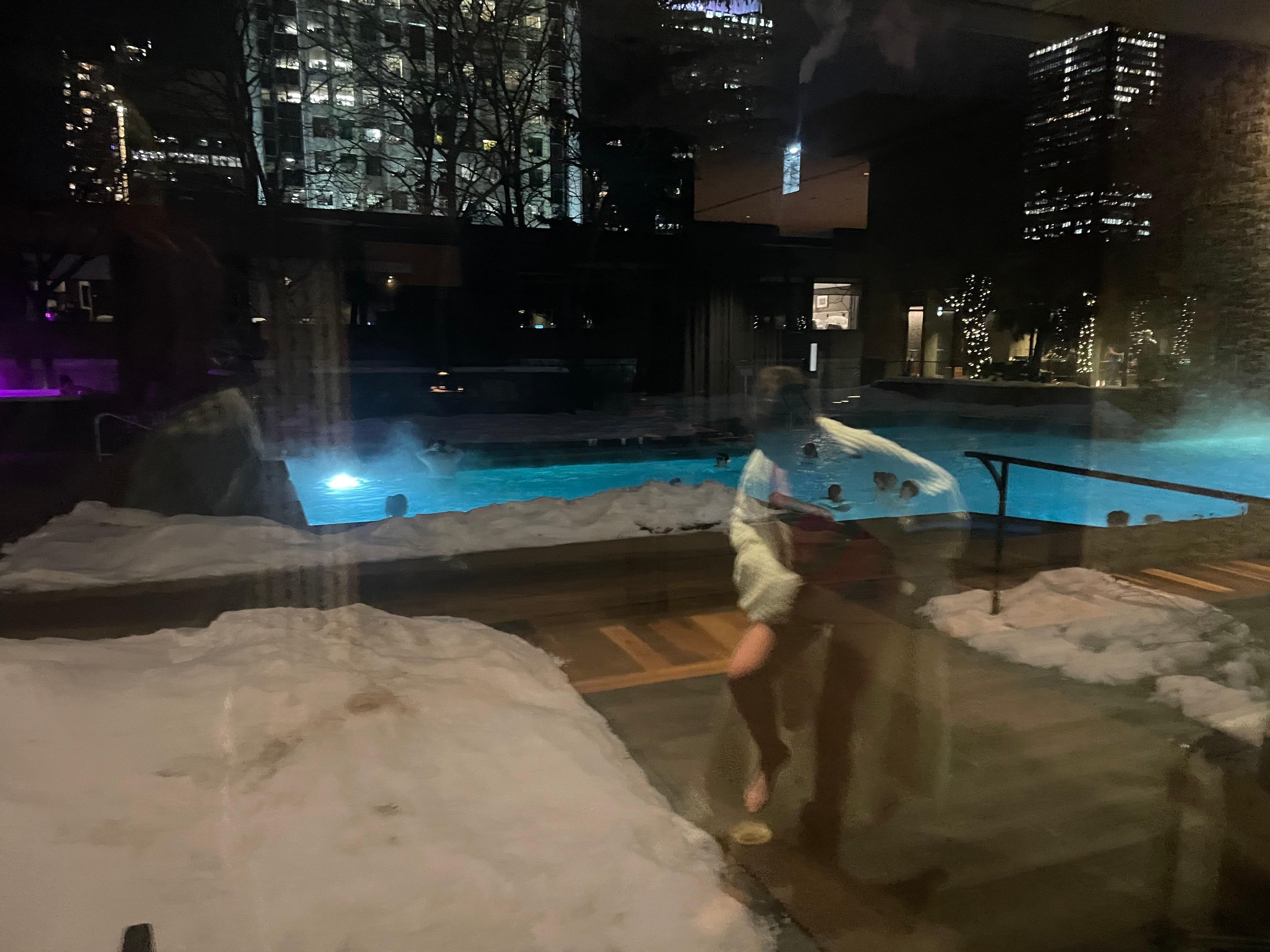 Evening heated pool in February 