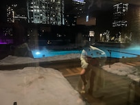 Evening heated pool in February