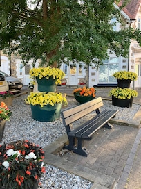 Beautiful flower display outside of Crabpot Cottage