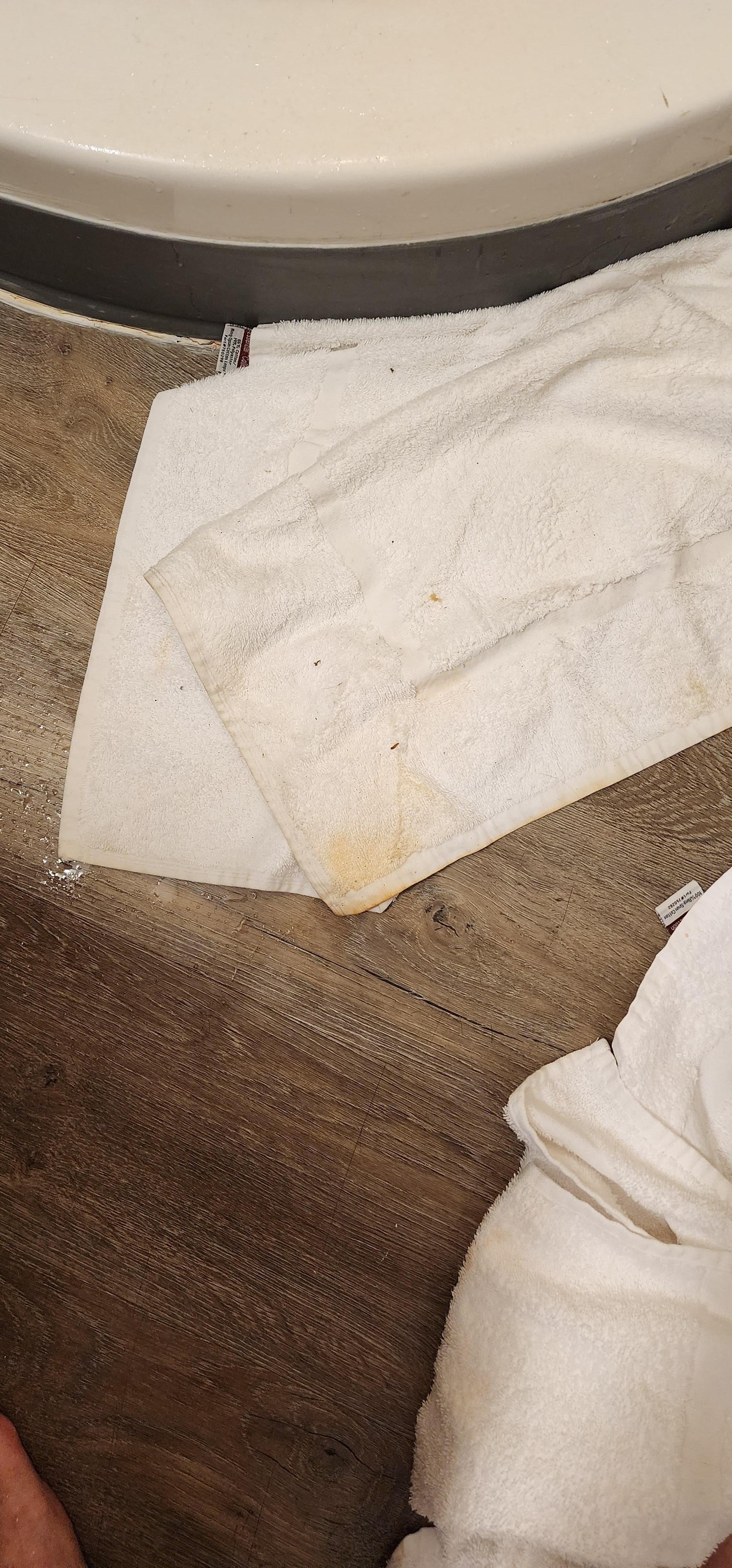 The floor towel after getting wet just turned yellow and there's a bunch of debris from the floor stuck to it after wiping water from all around.