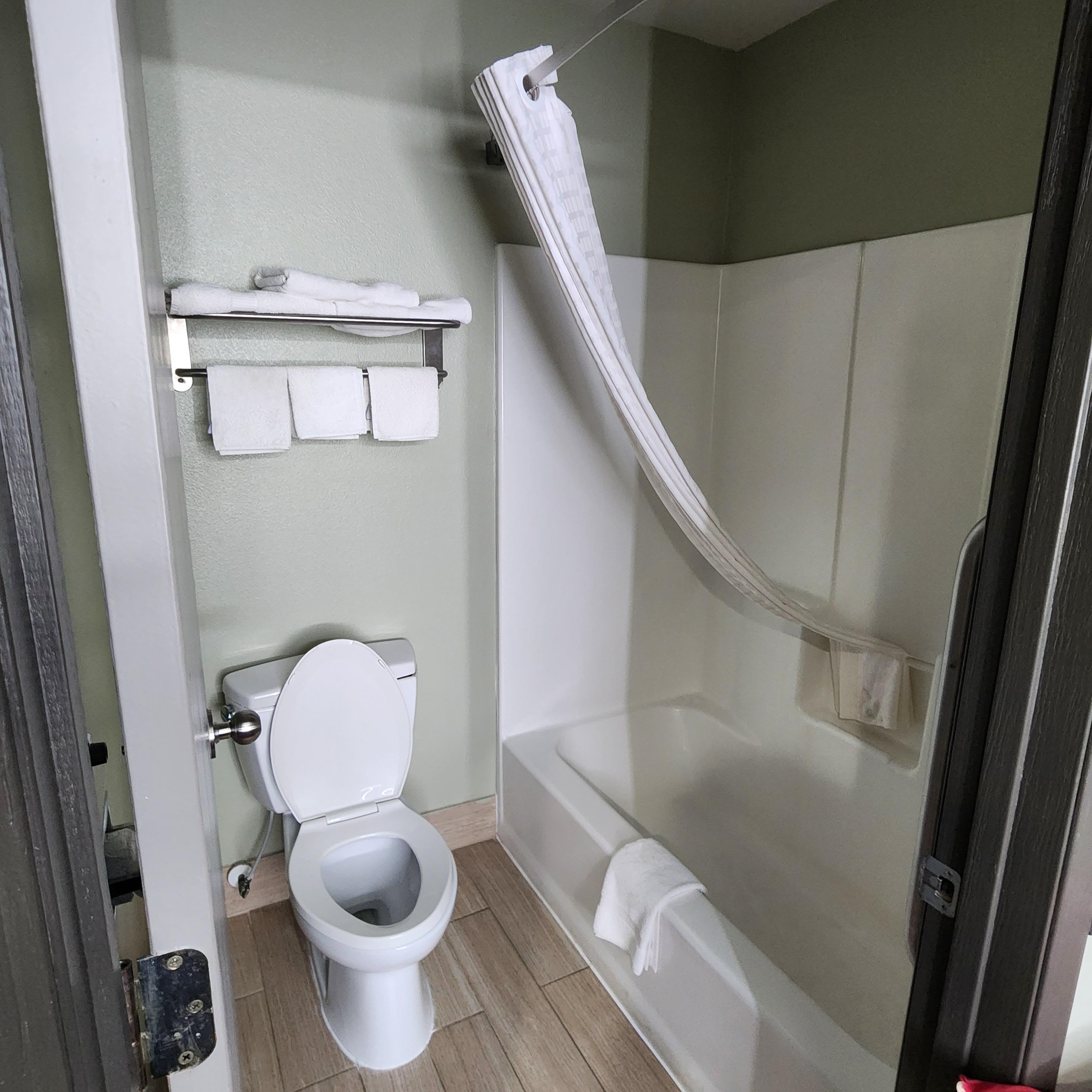 Clean bathroom (sink is outside of toliet/shower area), Showers had hot water & good water pressure 