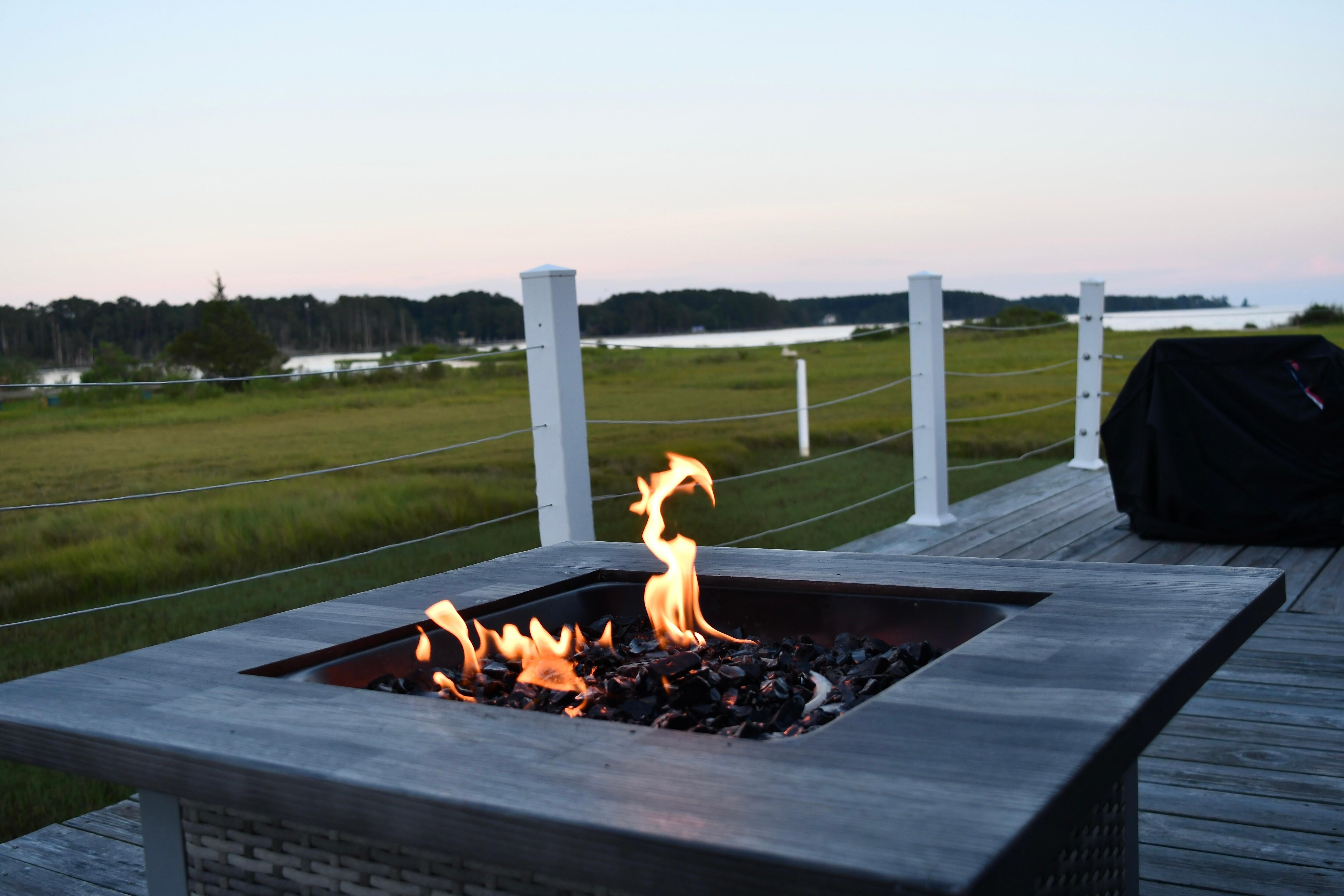 Relaxing on the deck by the fire.