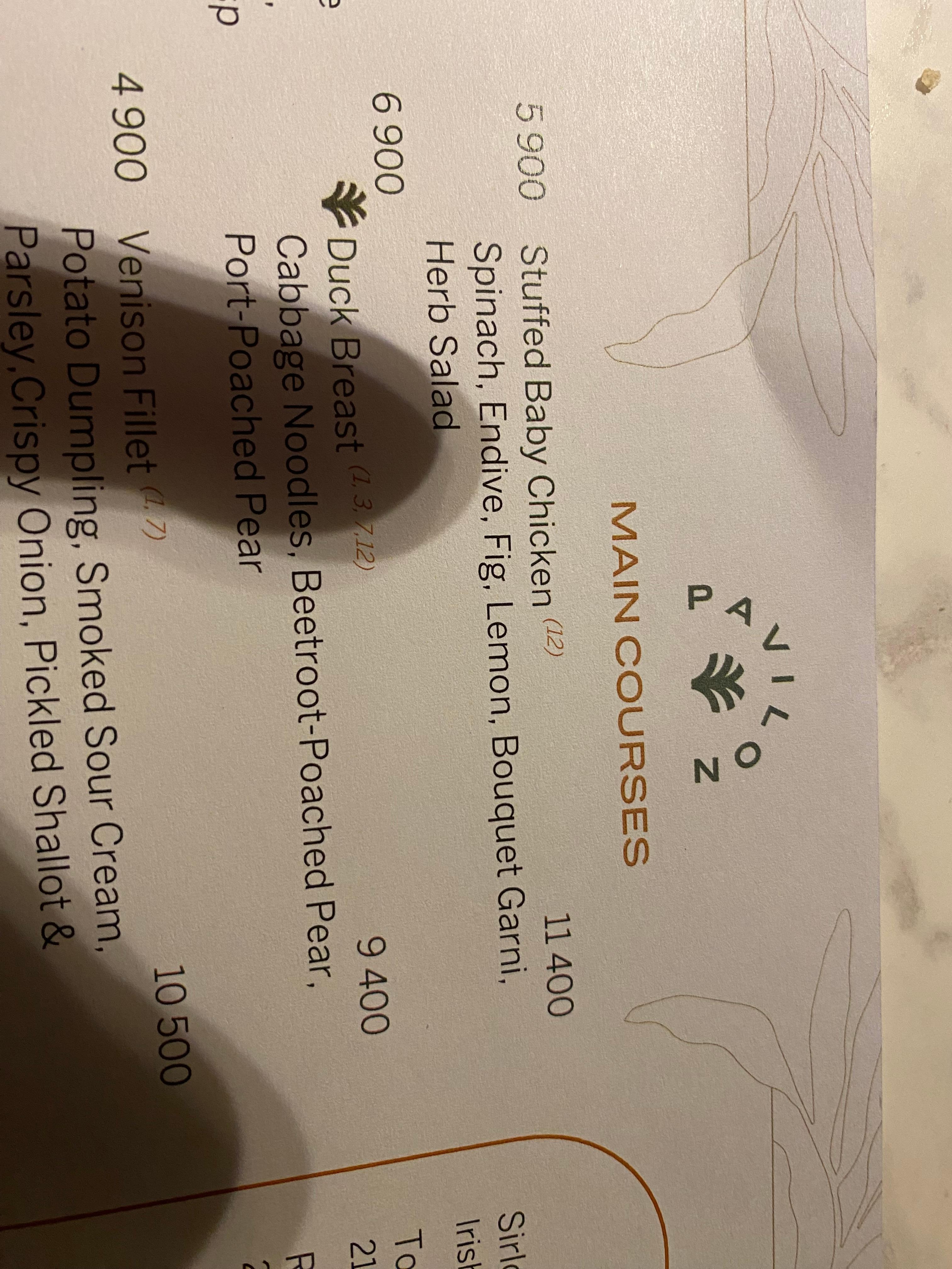 The menu for dinner. The chicken was outstanding!