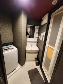The bathroom - washer, sink, shower.