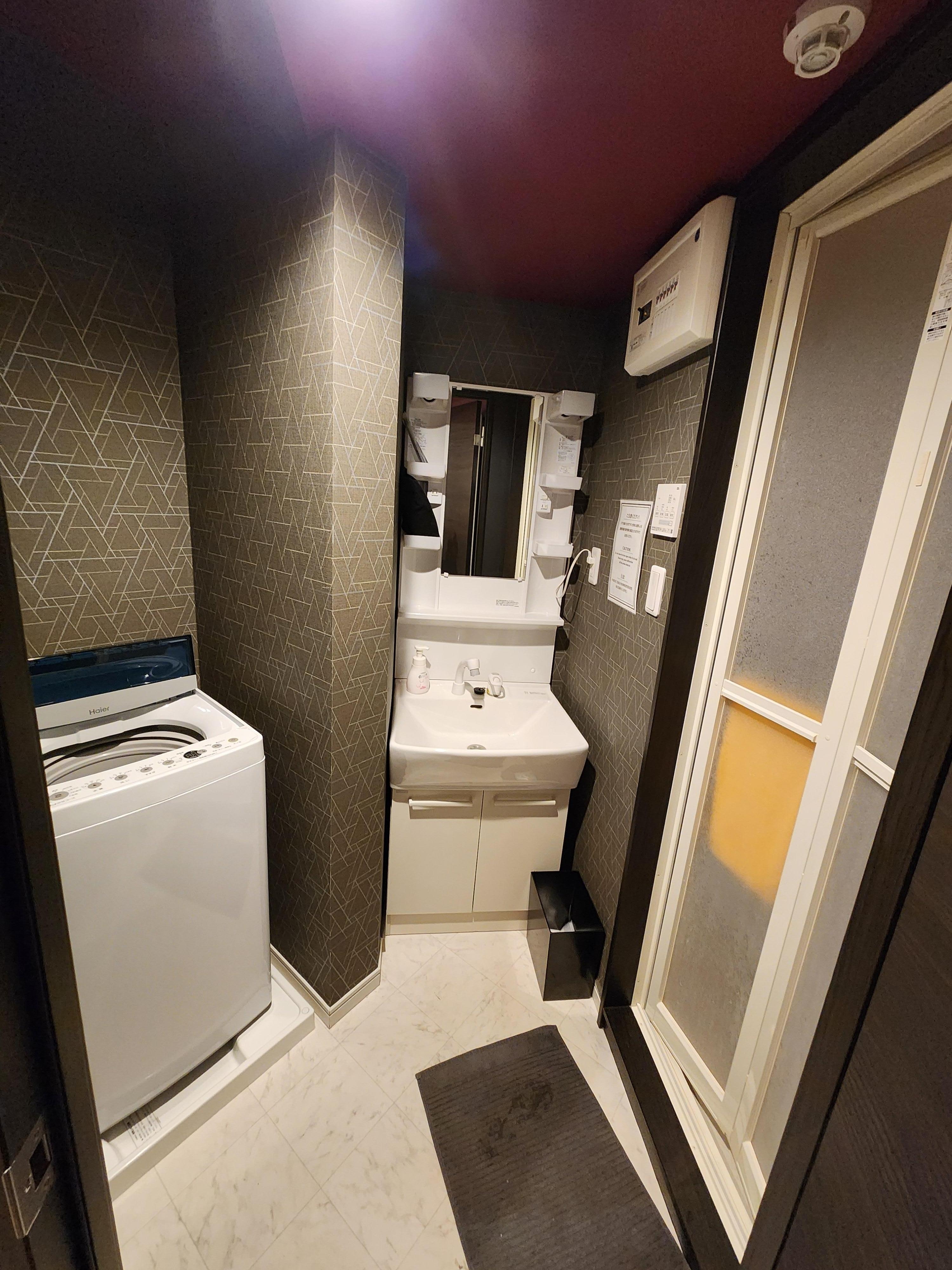 The bathroom - washer, sink, shower.