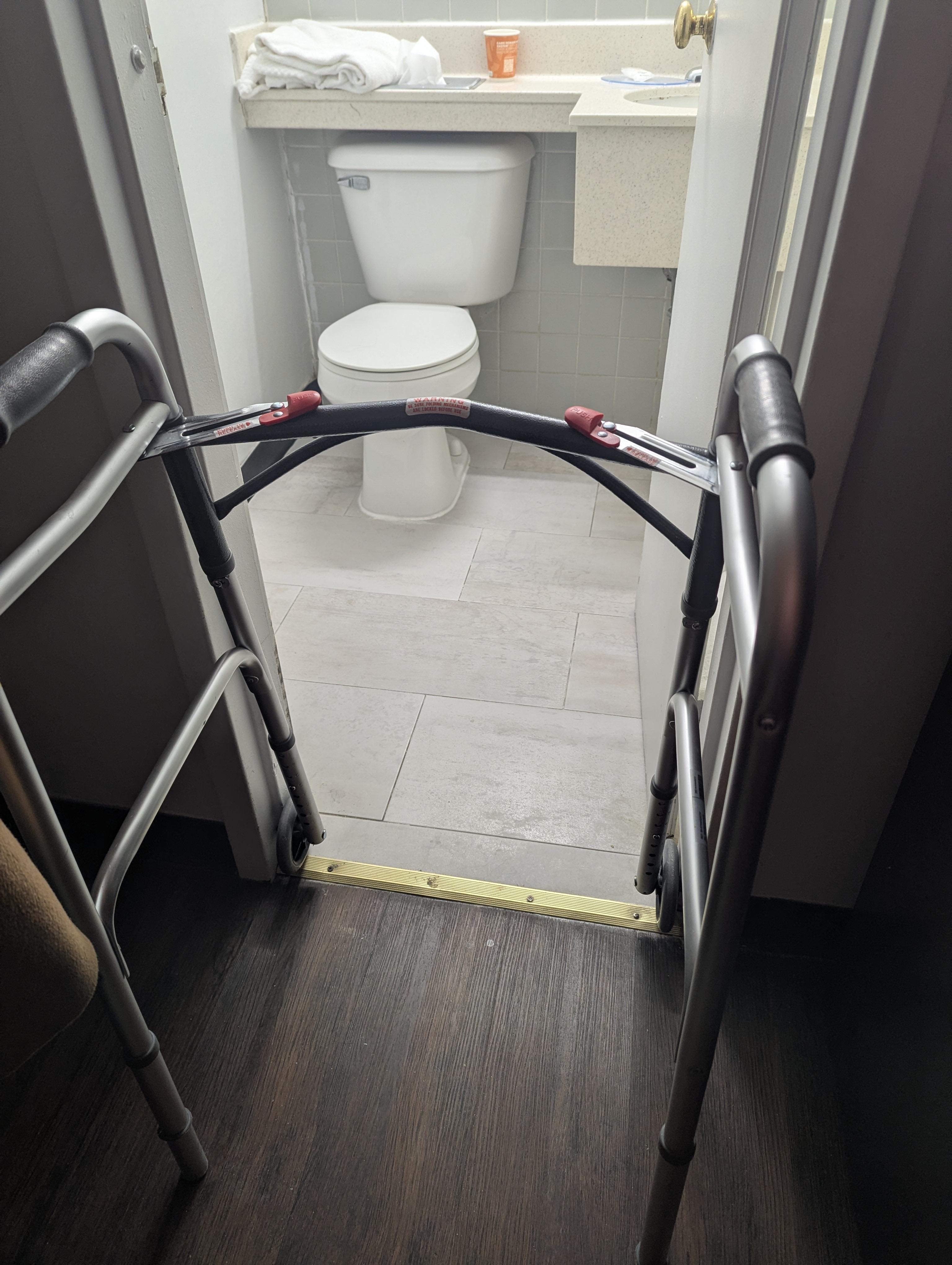 Doorways not accessible, if this was a wheelchair my mother would not have been able to go to the bathroom at all and would have had to move properties.