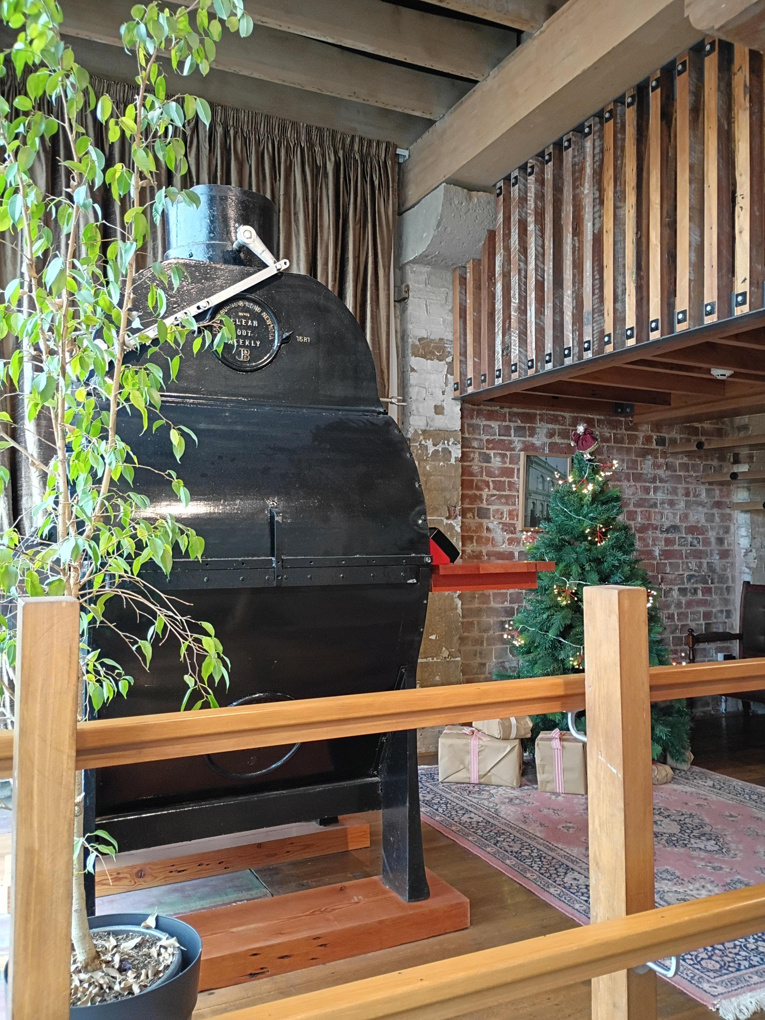 Coffee Roaster (decorated for Christmas) in lobby.