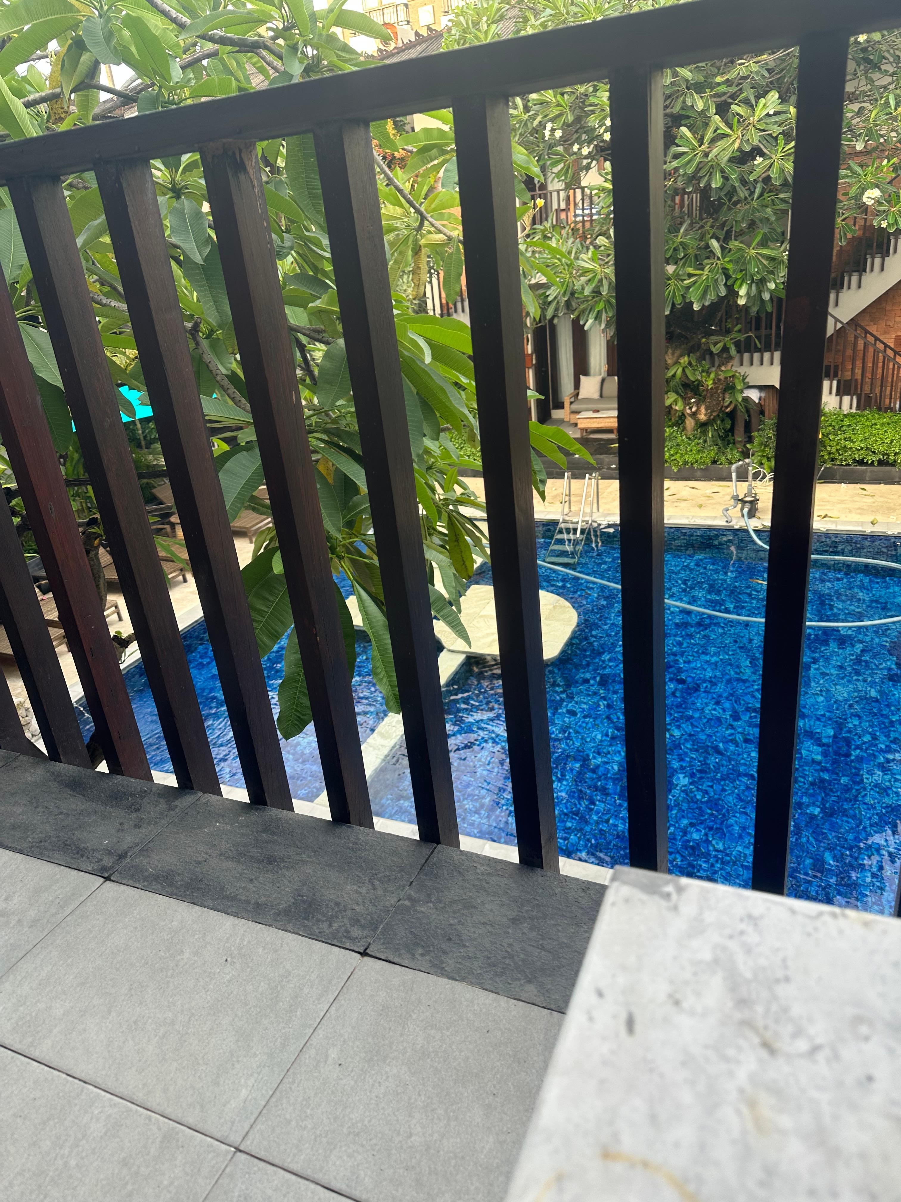 Most rooms overlook the pool