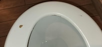 Chipped toilet seat, very old toilet bowl.