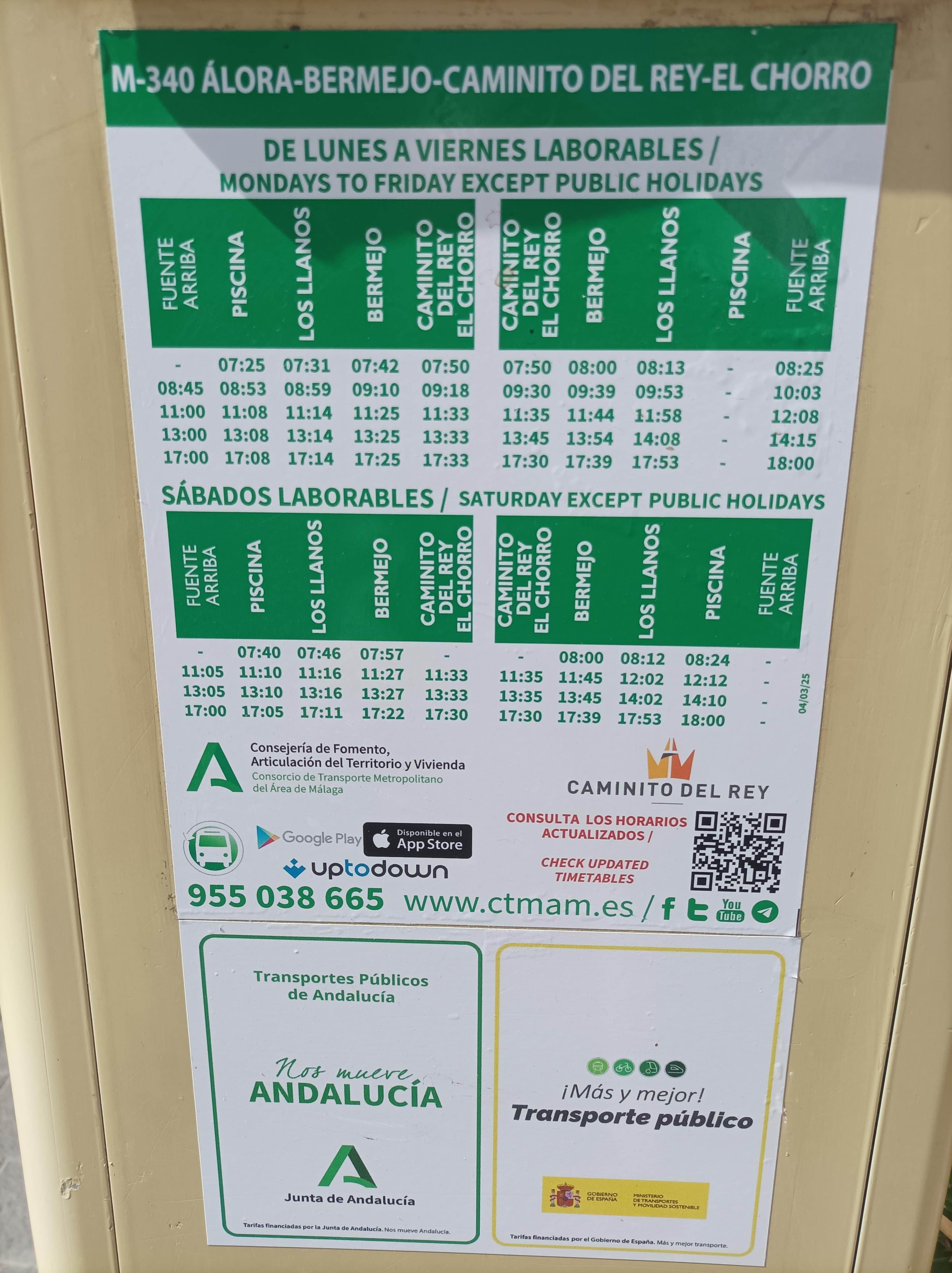 Timetable for the Caminito del Rey 