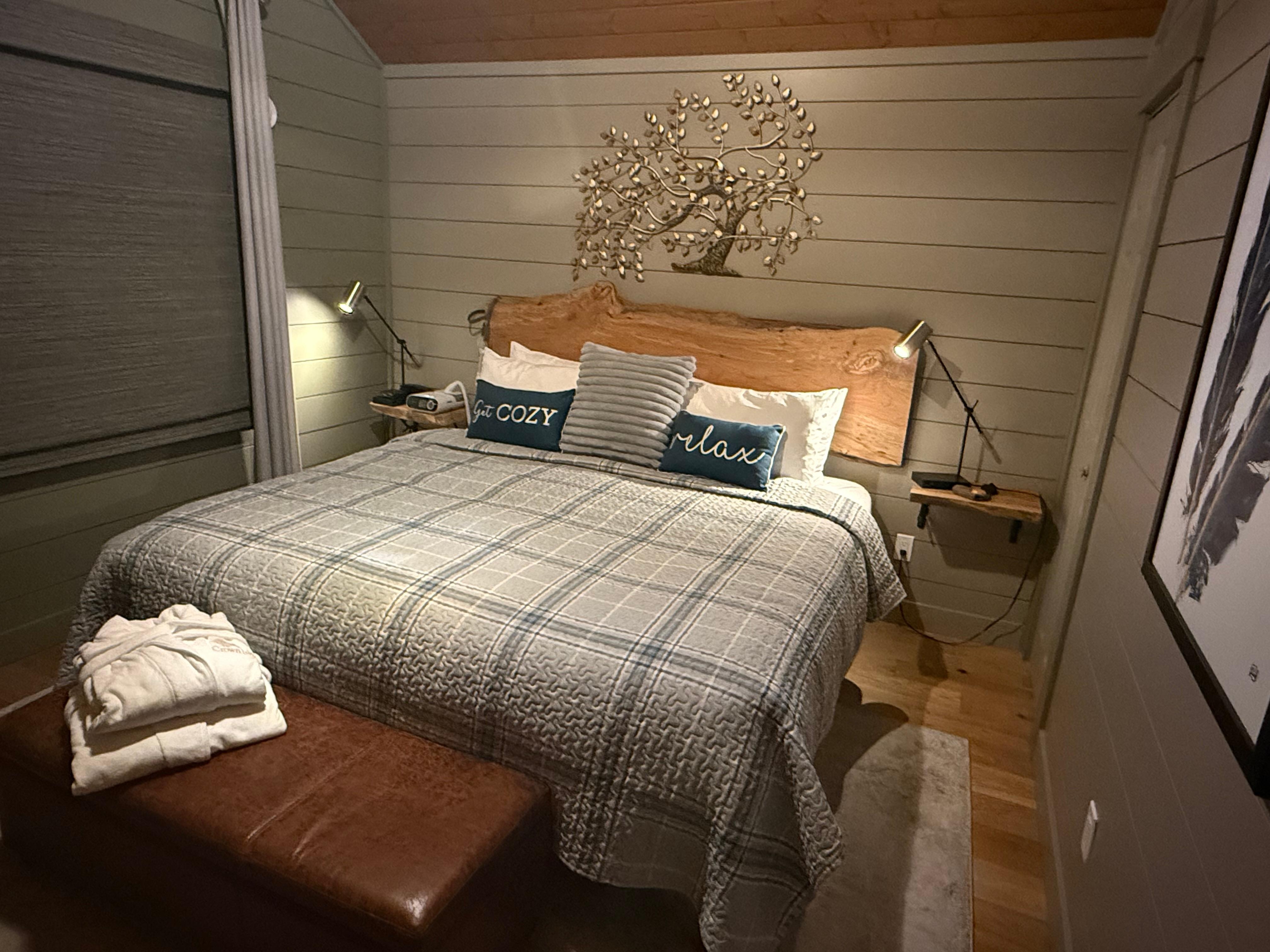 Very comfortable bed and linens. Room darkening shades are nice too. 