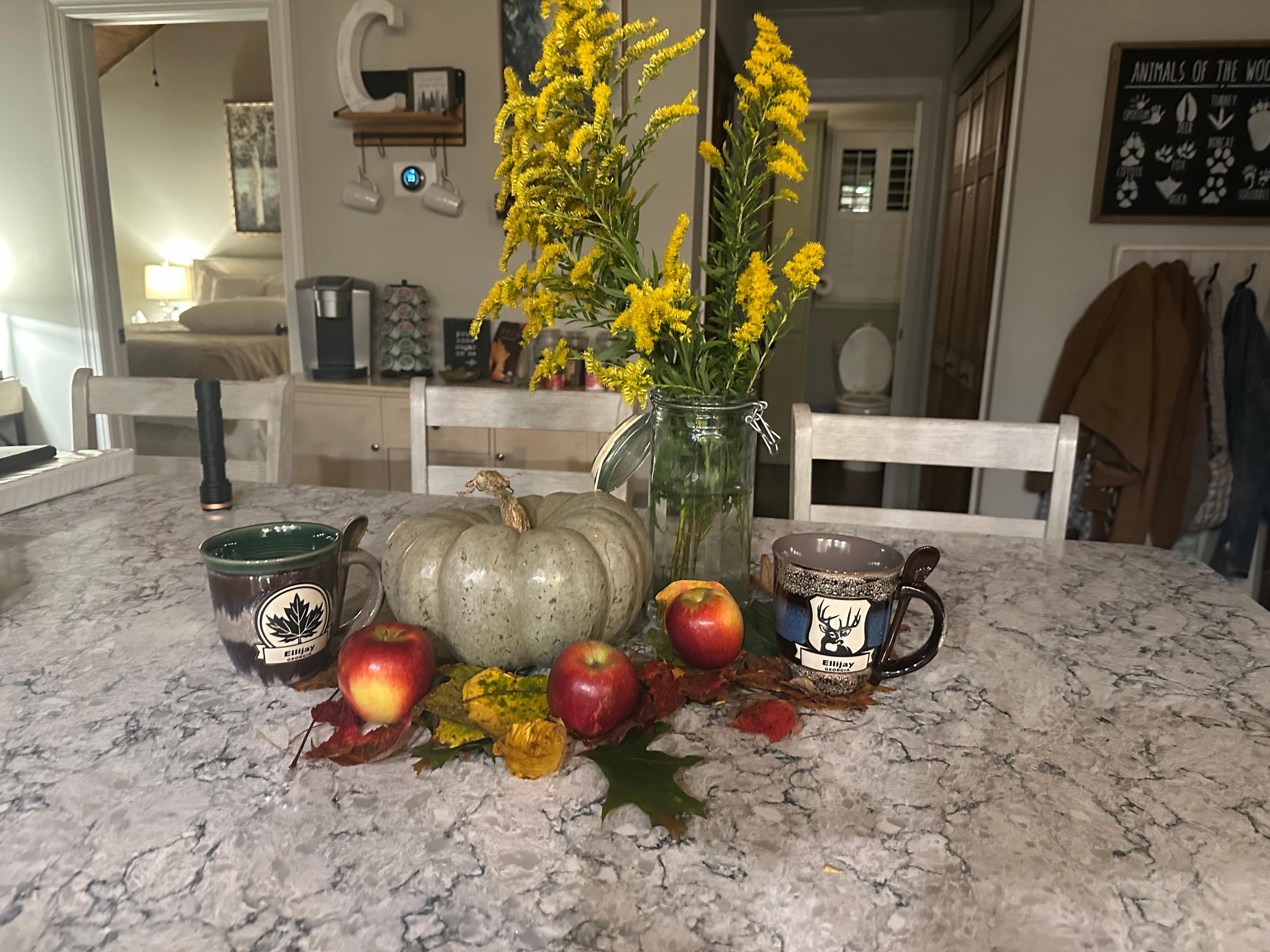 Made a fall centerpiece w leaves from a hike and wildflowers.  