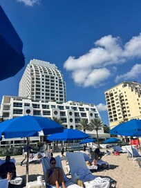 Right across the street is the beach. Fantastic beach service!